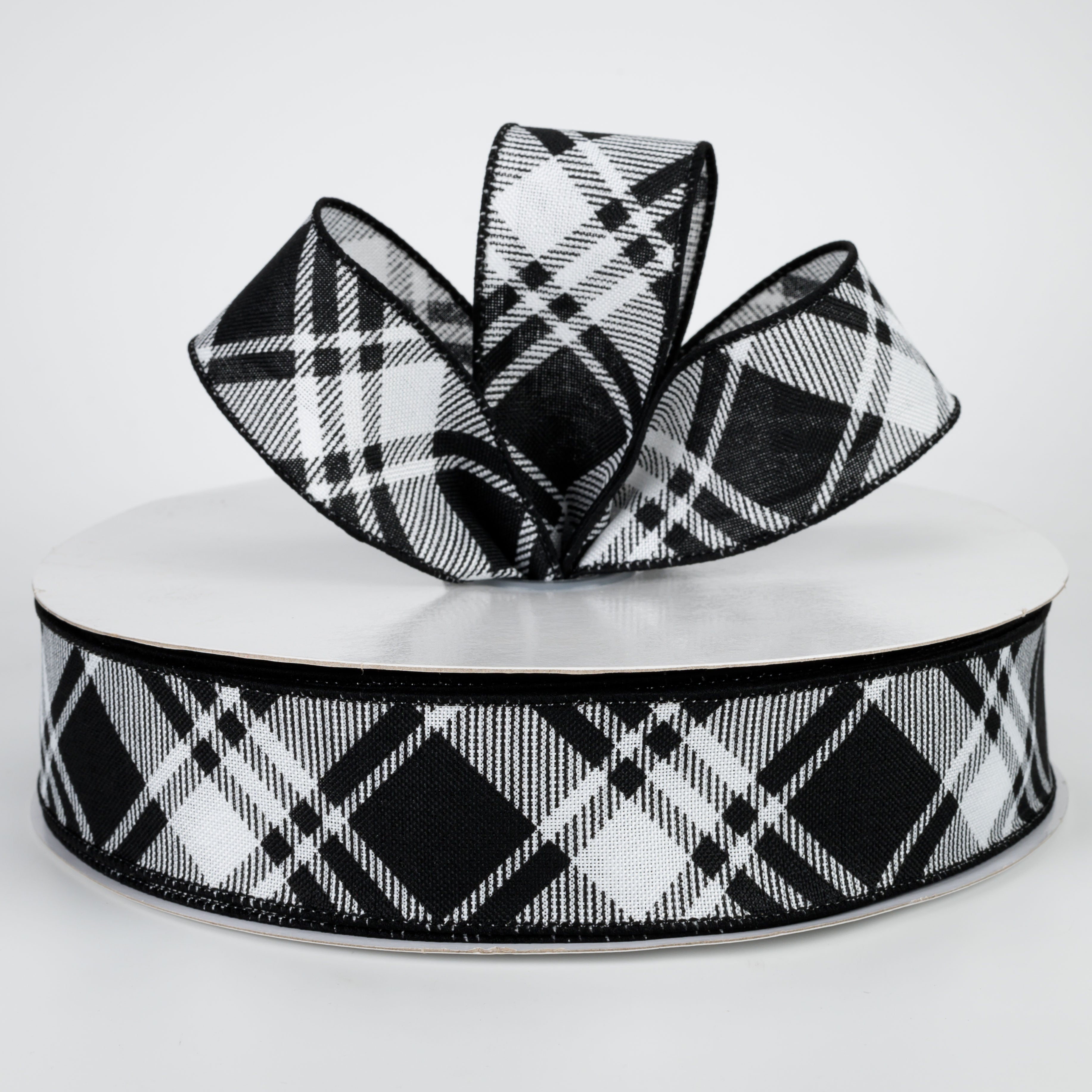 1.5 Inch Diagonal Stripe Check Ribbon - White & Black Grosgrain Ribbon (50 Yards) for Gift Wrapping, Crafts, and DIY Projects