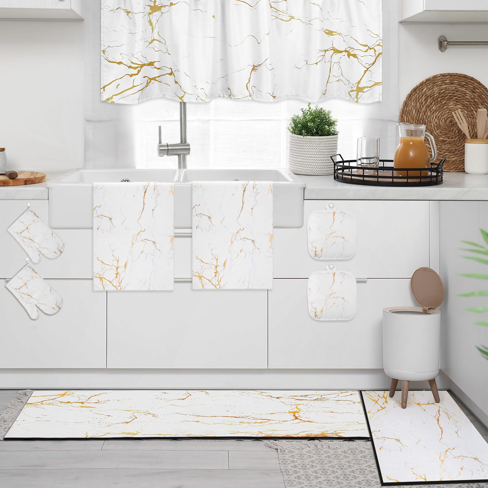 Newwiee 10-Piece Farmhouse Kitchen Decor Set - Dish Towels, Pot Holder, Oven Mitts, Non-Slip Kitchen Rugs & Window Valances - White Gold Marble Style for Holiday Cooking, Baking & Home Decor
