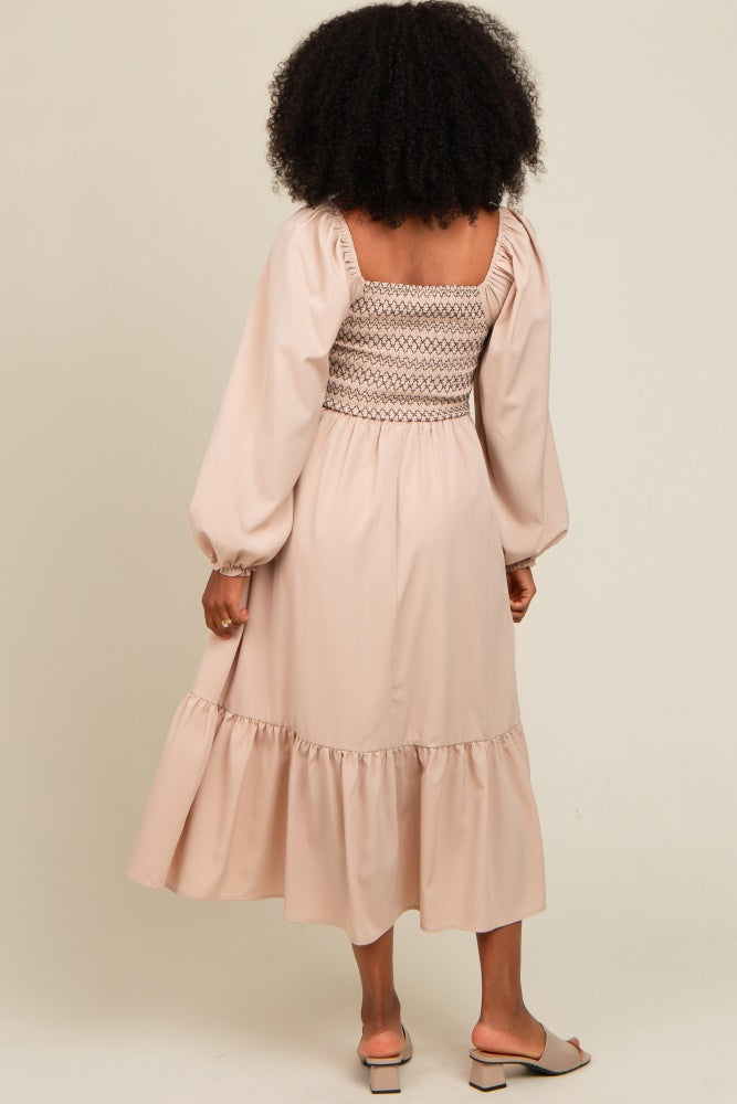 Beige Contrast Smocked Balloon Sleeve Midi Dress for Women | Elegant Flowy Summer Dress for Weddings, Parties & Date Nights