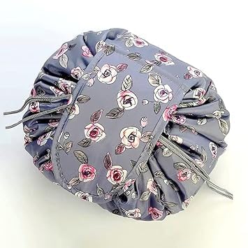 Keetly Stylish Portable Lazy Cosmetic Bag with Drawstrings | Waterproof Makeup Pouch for Women & Girls | Large Capacity Travel Toiletry Organizer | Perfect for Gym, Vacation, and Daily Use (Grey Rose)