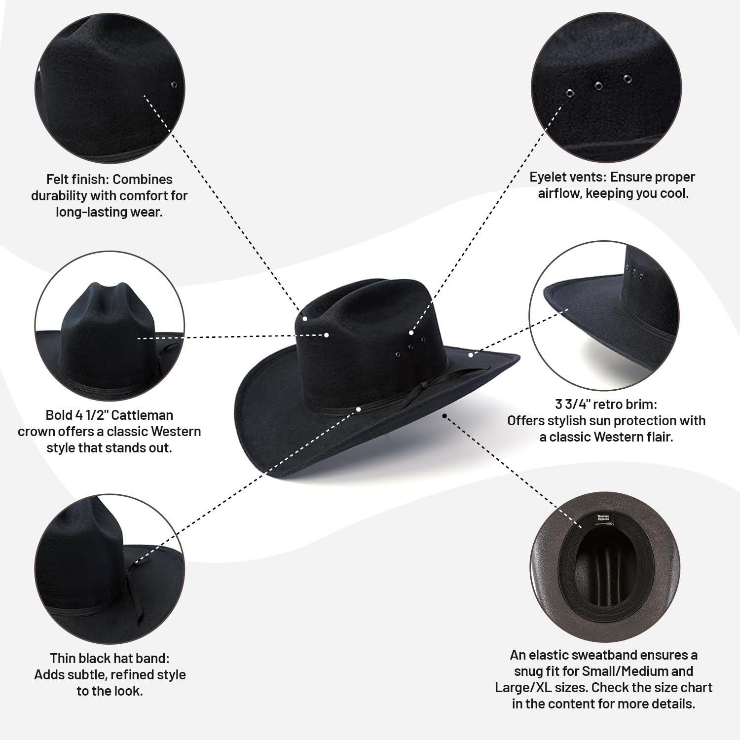 Western Express Felt Finish Cowboy Hat - Cattleman Style with Stylish Hat Band | Cowboy & Cowgirl Hats for Men & Women | Perfect for Rodeo, Country Music Festivals & Outdoor Adventures
