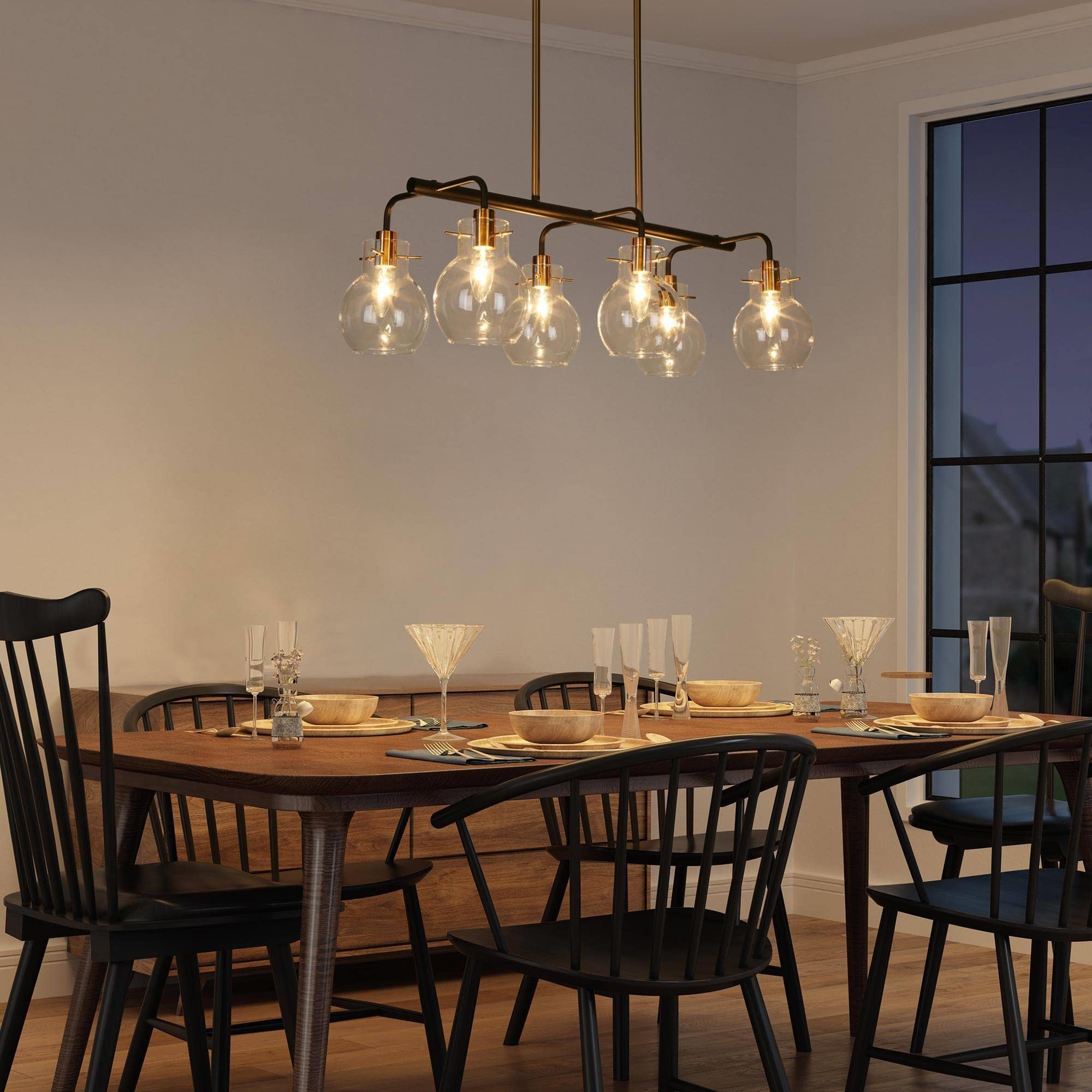 ZEVNI 6-Light Black and Gold Chandelier with Clear Glass Shades - 28 Inch Modern Crystal Ceiling Light Fixture for Dining Room, Living Room, Bedroom, and Entryway Lighting Decor