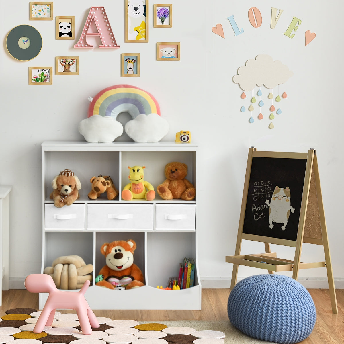 White Freestanding Combo Cubby Bin Storage Organizer with 3 Baskets - Perfect for Kids' Room, Nursery, Playroom & Closet Organization