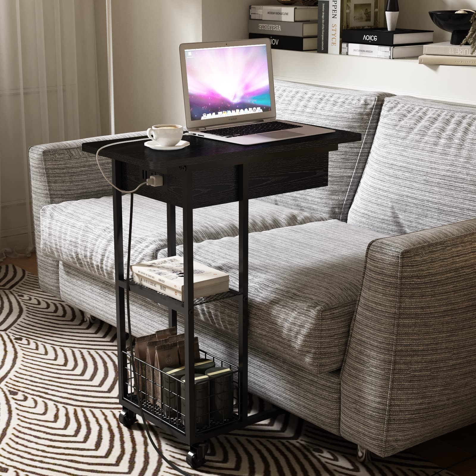 LIDYYK Modern C-Shaped End Table with Built-in Charging Station, Flip Top Design with USB Ports & Outlets, Multi-Functional Sofa Side Table with Storage Shelf - Perfect for Living Room, Bedroom, Office (Black) | Space-Saving Furniture for Small Spaces, Ideal for Holding Drinks, Books & Charging Devices