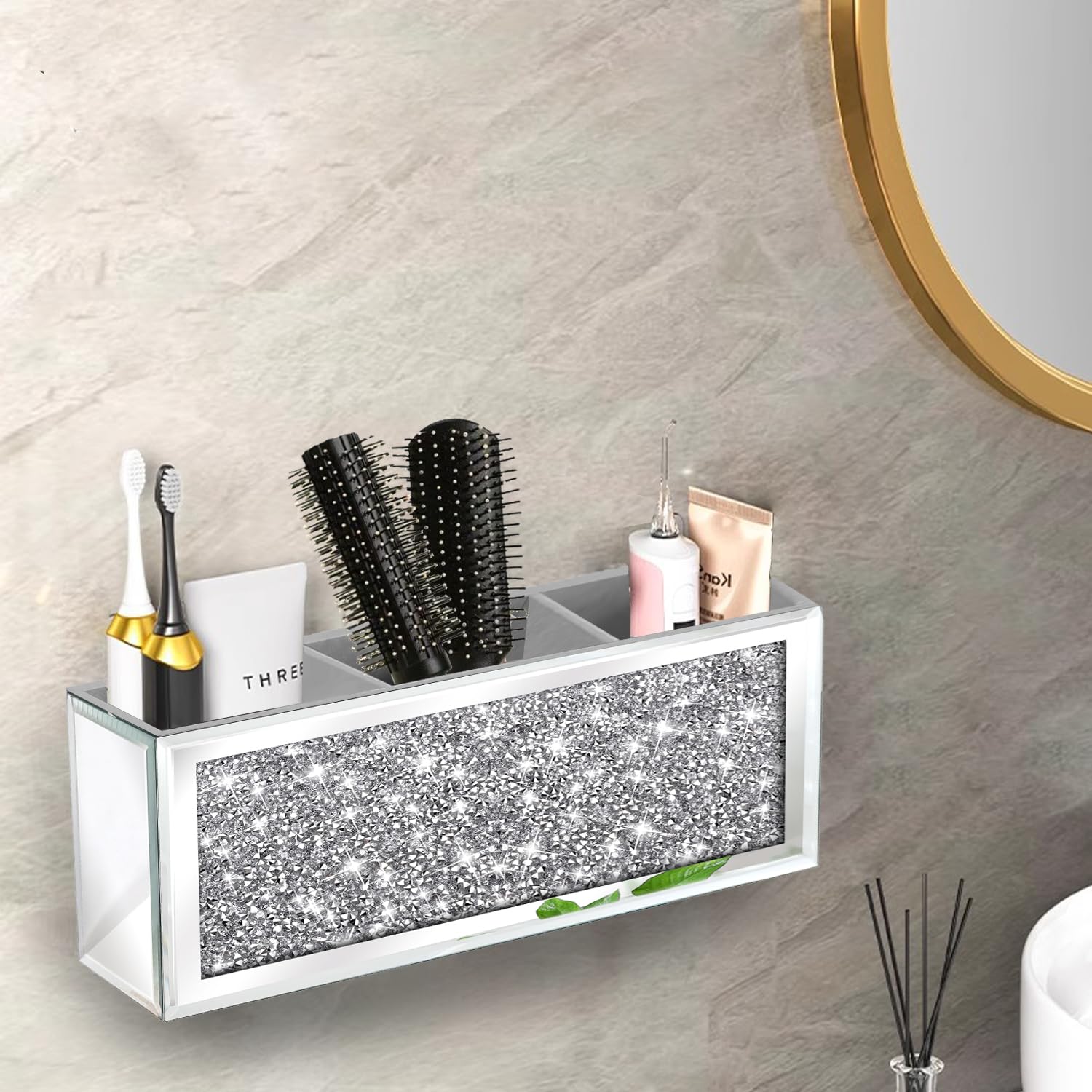 Crystal Crush Diamond Hair Dryer Holder - Wall Mount Organizer for Blow Dryer, Hair Straightener & Brushes - Silver Bathroom Cabinet Tray (10.5”x4”x5”) - Perfect for Salon, Spa & Home Vanity Organization