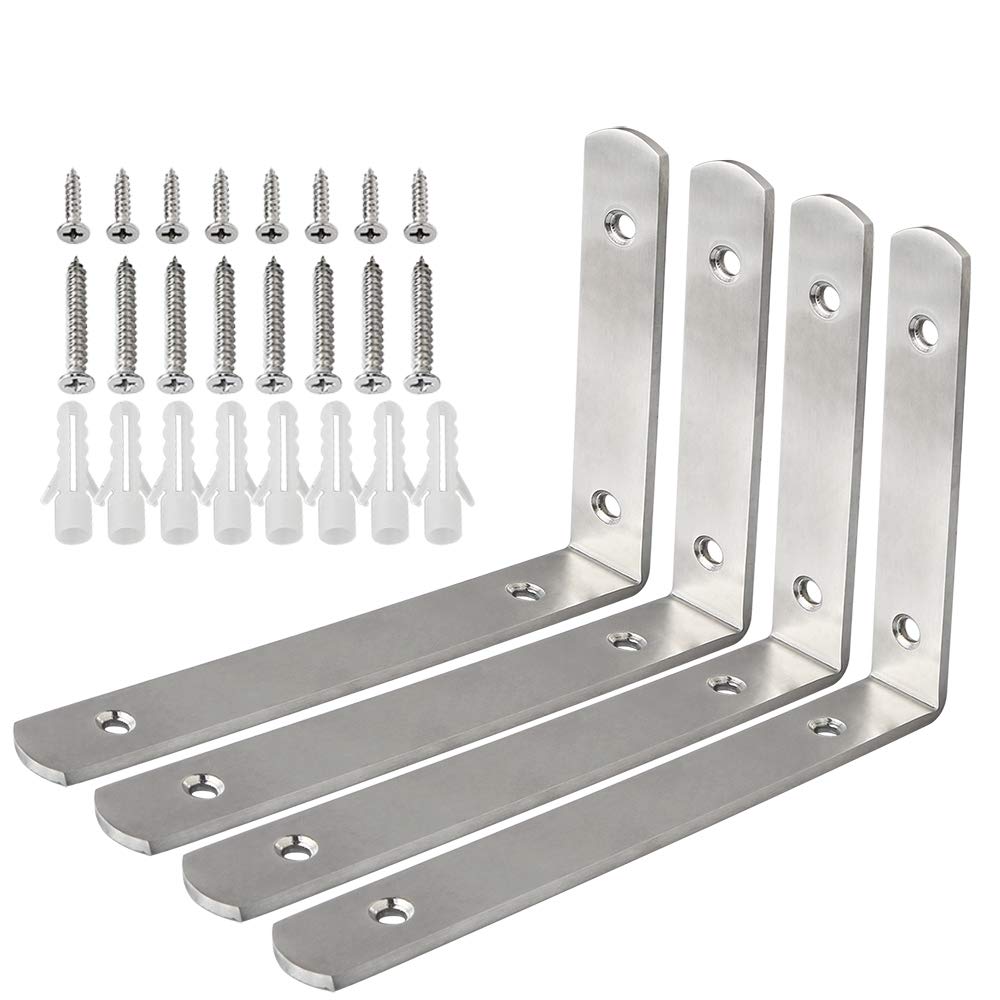 4mm Thick Heavy Duty Stainless Steel Floating Shelf Brackets - 200mm x 138mm Brushed Nickel Corner Braces (4 Pack) - Perfect for Wall Mounted Shelves in Living Room, Kitchen, Bathroom & Office Storage Solutions