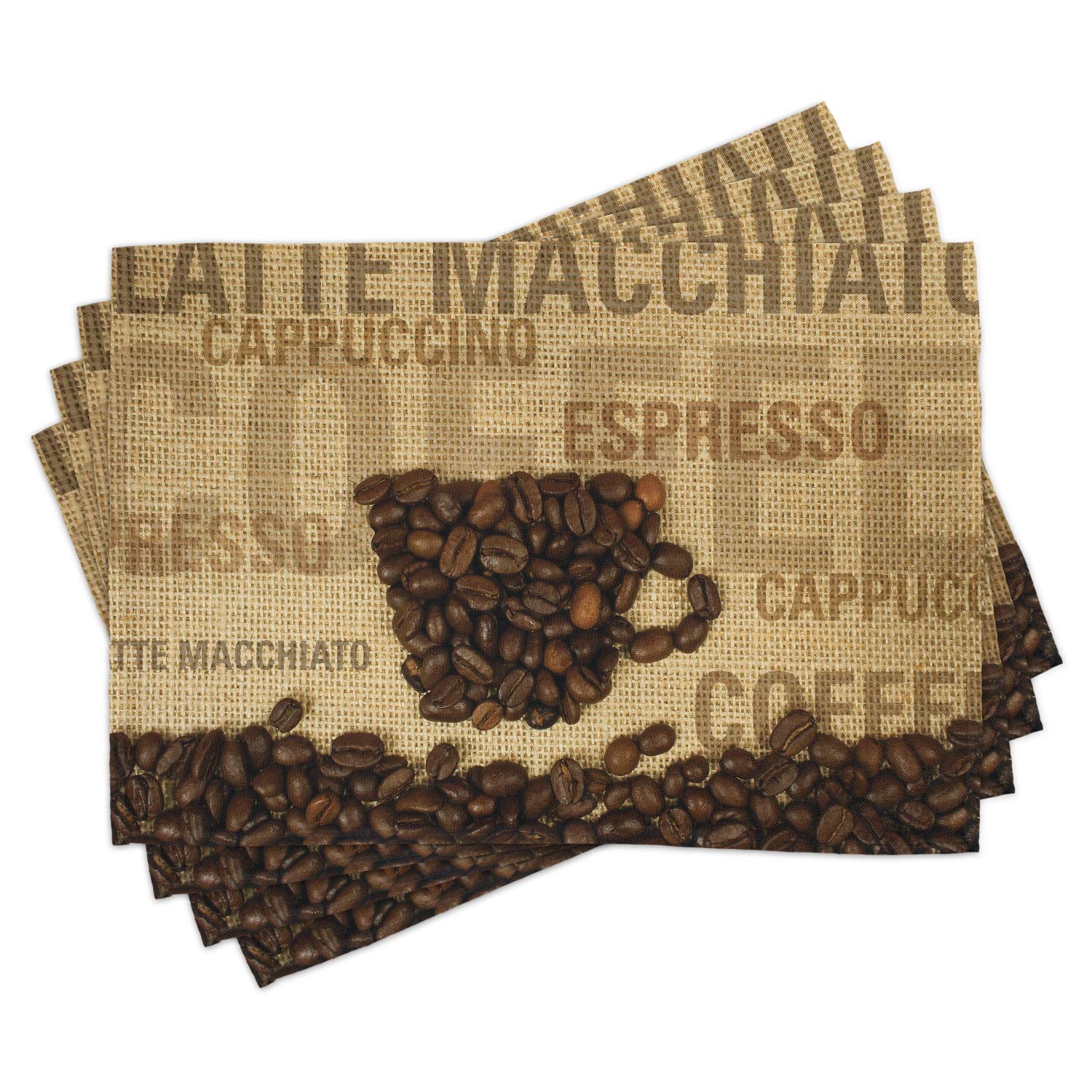 Ambesonne Coffee Place Mats Set of 4 - Coffee Bean Design & Typography Art - Washable Fabric Table Mats for Dining - Standard Size Dark Brown - Perfect for Coffee Shops, Breakfast Nooks & Kitchen Decor