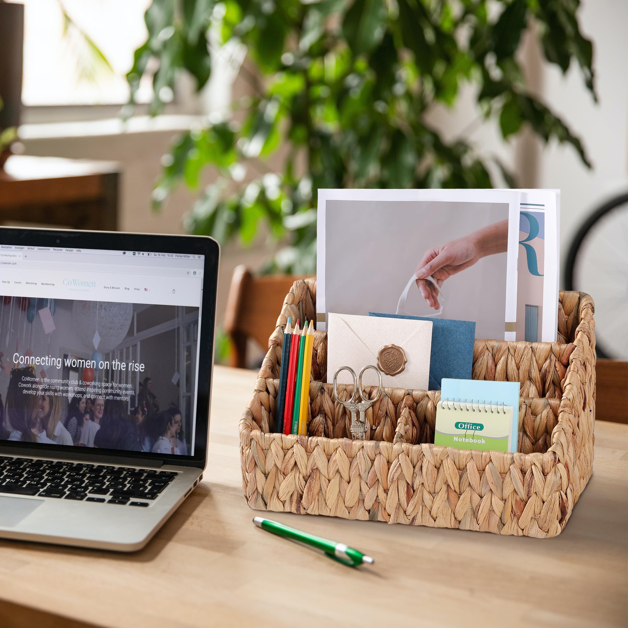 Natural Water Hyacinth Farmhouse Desk Organizer - Large Countertop Mail Holder & Tabletop Storage Basket | Perfect for Home Office, Kitchen Counter, Entryway Organization