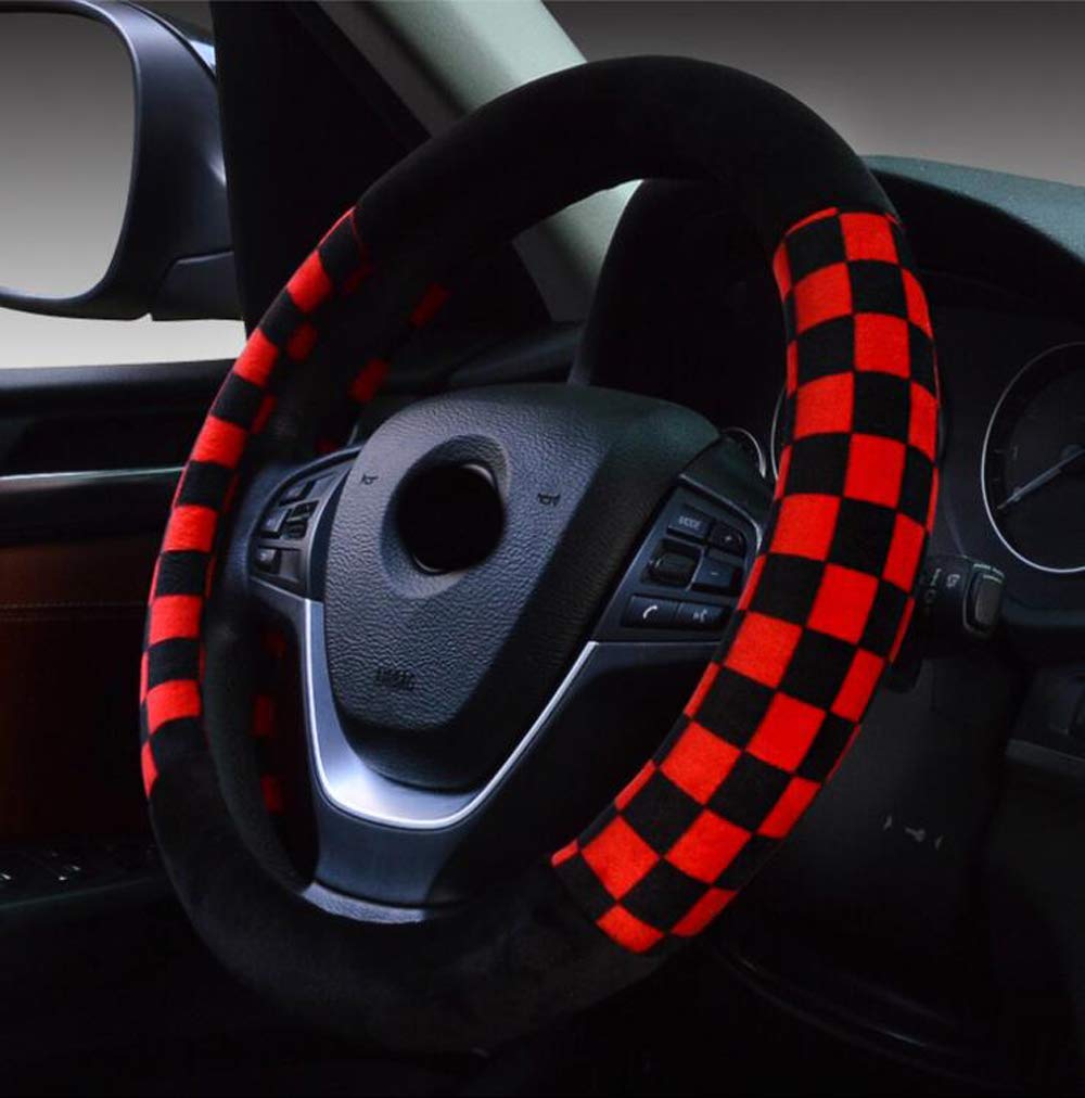 i-Will Classic Checkered Plush Steering Wheel Cover - Universal 15 Inch Car Steering Wheel Protector with Comfortable Grip - Soft & Warm Interior Accessories for Winter Driving (Red) - Perfect for Cars, Trucks & SUVs