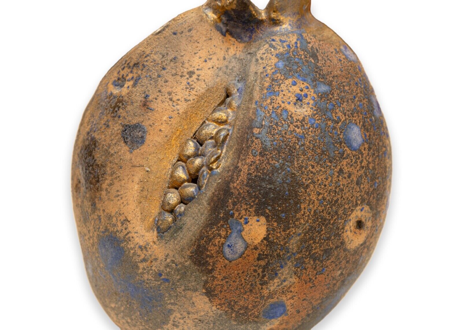 Handmade Modern Pomegranate Raku Ceramic Art Sculpture - Blue & Gold Glazed Pottery - Signed Collectible Home Decor for Living Room, Office & Gift Giving