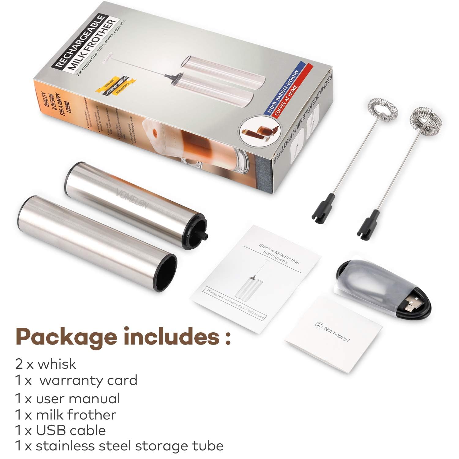 Rechargeable Electric Milk Frother - 2-Speed Portable Battery Operated Coffee Frother for Latte, Cappuccino & Hot Chocolate with USB Cable & Dual Whisks | Perfect for Travel, Home & Office Coffee Making