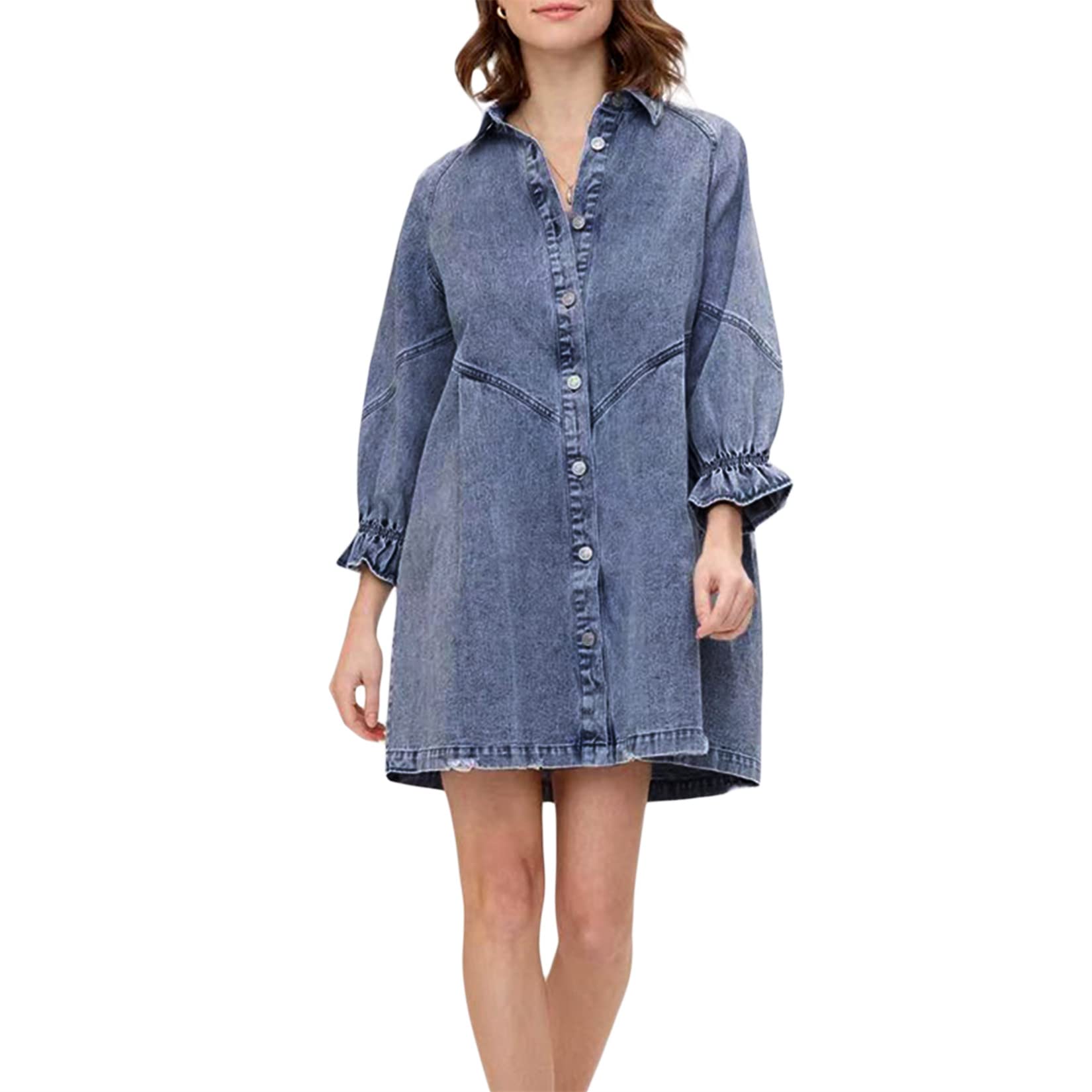 iTranyee Women's Casual Denim Shirt Dress - Loose Fit Short Sleeve Mini Jean Dress with Button Down Washed Tunic A-Line Design | Perfect for Summer Outings, Beach Cover-Up & Casual Street Style