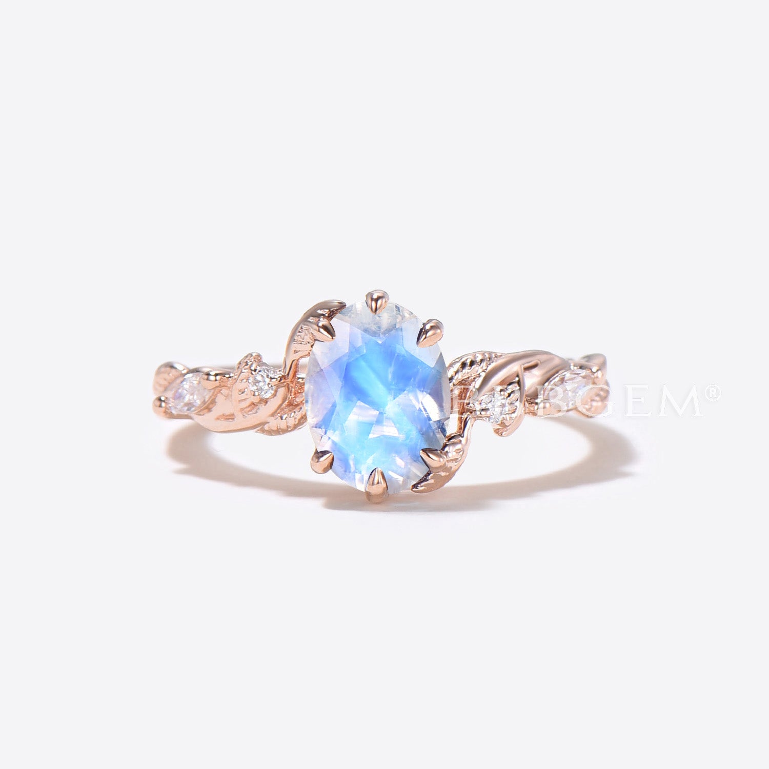 Oval Cut Moonstone Engagement Ring in Rose Gold with Leaf Diamond Accents - Perfect for Bridal Sets, Wedding Bands & Romantic Proposals