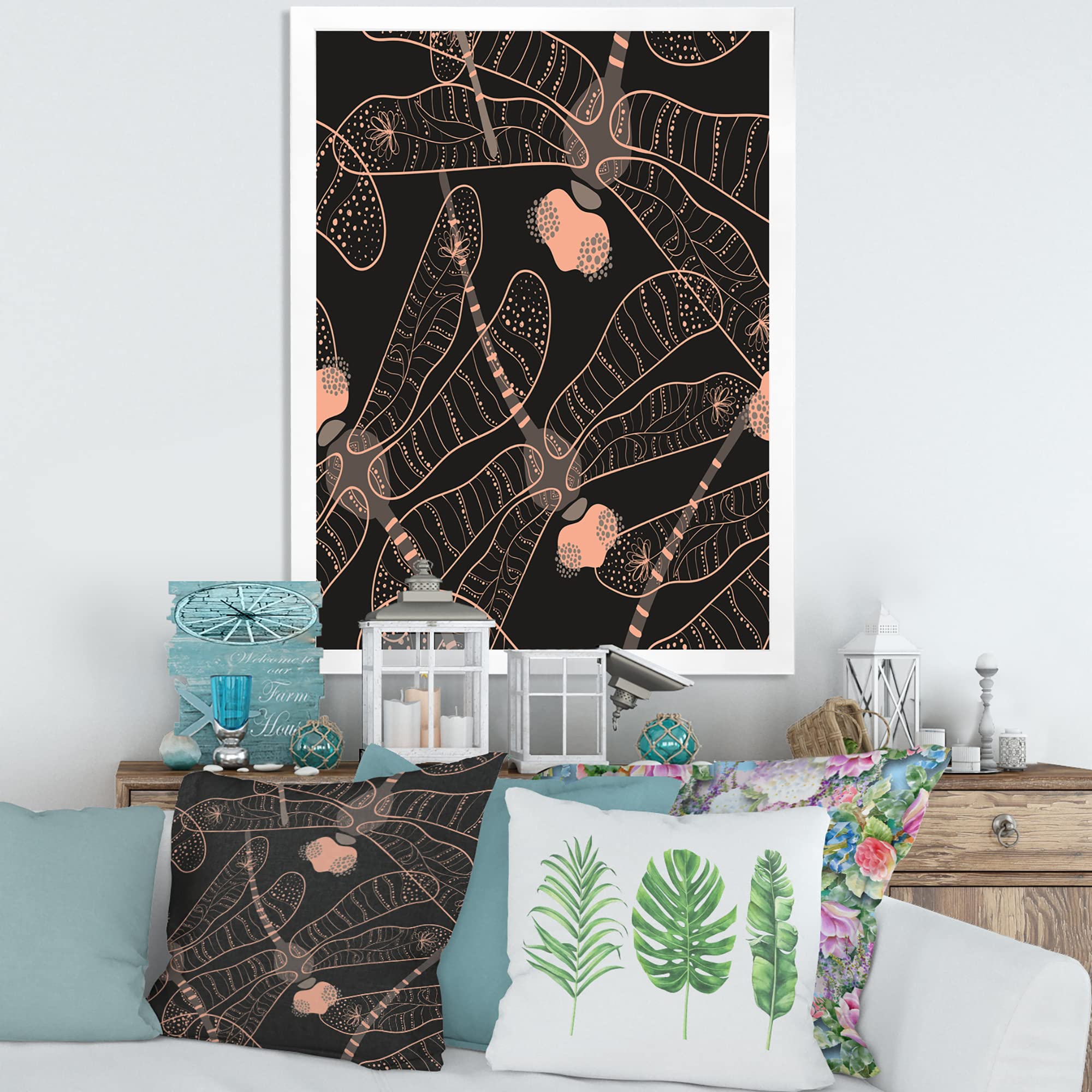 DesignQ Folk Art Seamless Dragonfly Pattern - Bohemian Eclectic Framed Wall Art Decor for Living Room, Bedroom & Office
