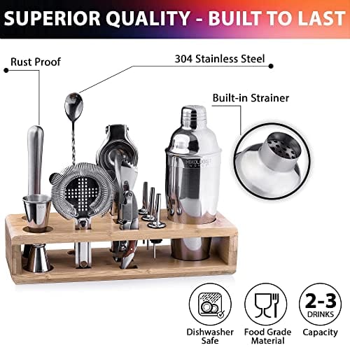 24 oz Professional Bartender Kit with Stand - 12-Piece Cocktail Shaker Set for Mixology, Home Bar Accessories with Martini & Mimosa Recipes | Perfect for Home Bars, Parties & Professional Bartending