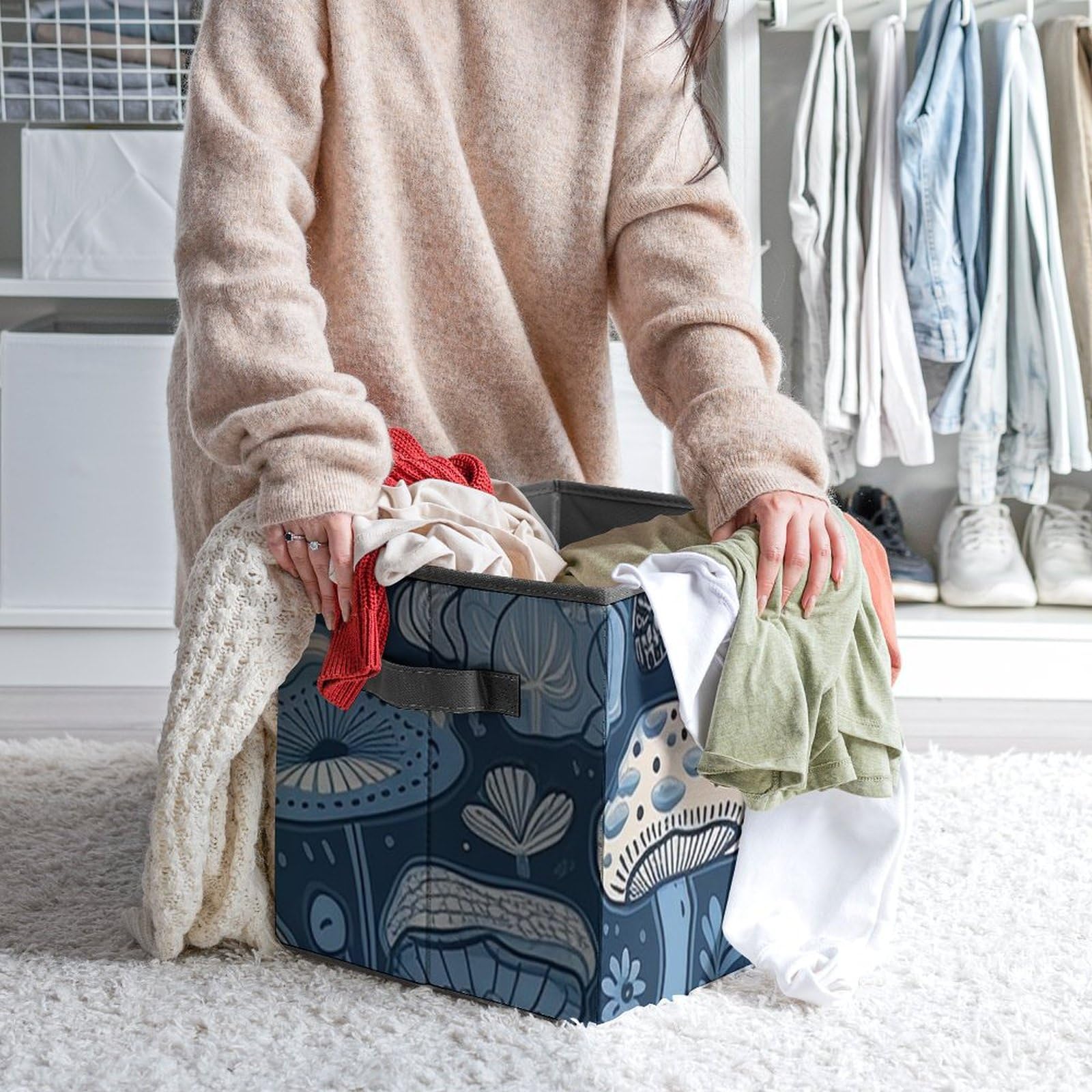 Collapsible Storage Bins with Handles - Blue Mushroom Printed Organizing Baskets for Home & Office