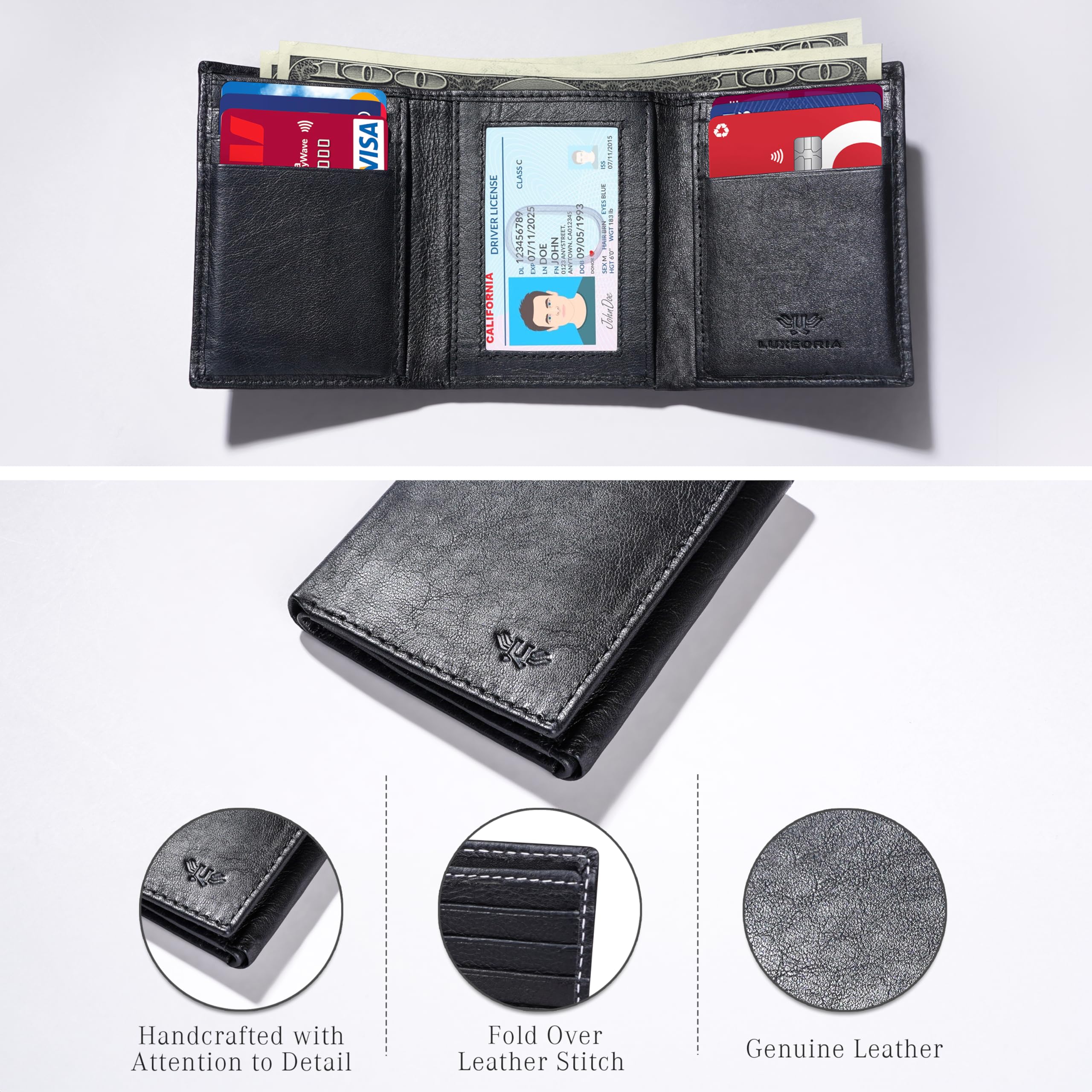 LUXEORIA Genuine Leather Wallet for Men - Handcrafted Slim RFID Blocking Trifold Travel Wallet - Minimalist Anti-Theft Design - Perfect for Everyday Use, Business Trips & Gifts - Black