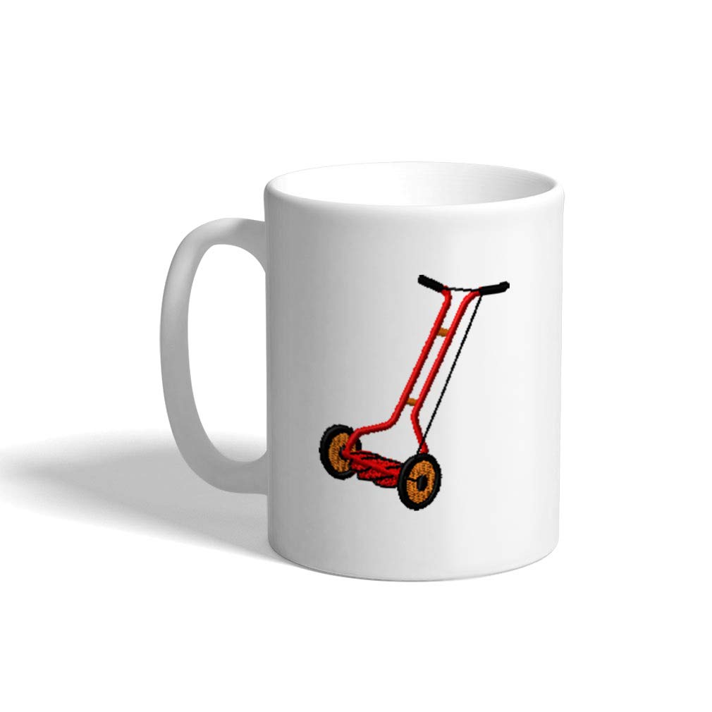 Funny Ceramic Coffee Mug - 11oz White Tea Cup with Push Lawn Mower Design for Gardeners | Perfect Gift for Coffee Lovers & Gardening Enthusiasts | Ideal for Home, Office, or Outdoor Use