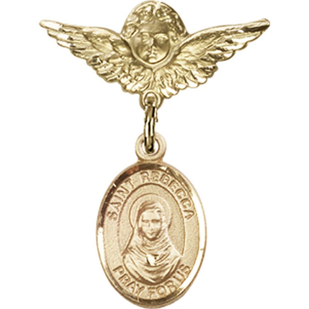 Gold Filled St. Rebecca Charm Baby Badge with Angel Wings - 1 x 3/4 Inch Religious Jewelry Pin - Perfect for Baptism Gifts, Christening Keepsakes & Baby Shower Favors