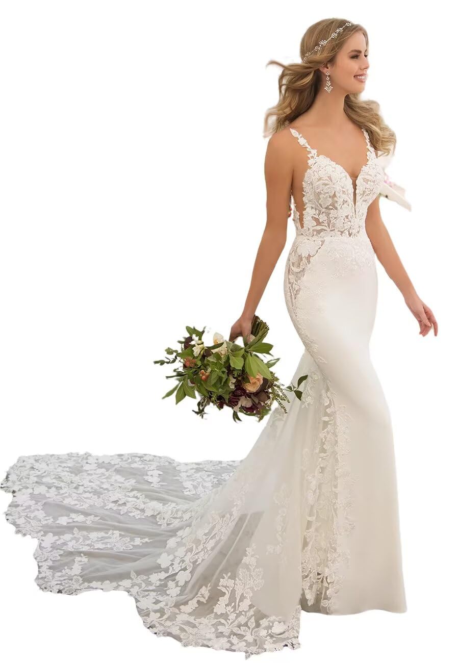 Mermaid Wedding Dresses 2024 | Lace Appliques Backless Beach Bridal Gown with Train | Summer Bride Beach Wedding, Destination Ceremony & Photoshoot