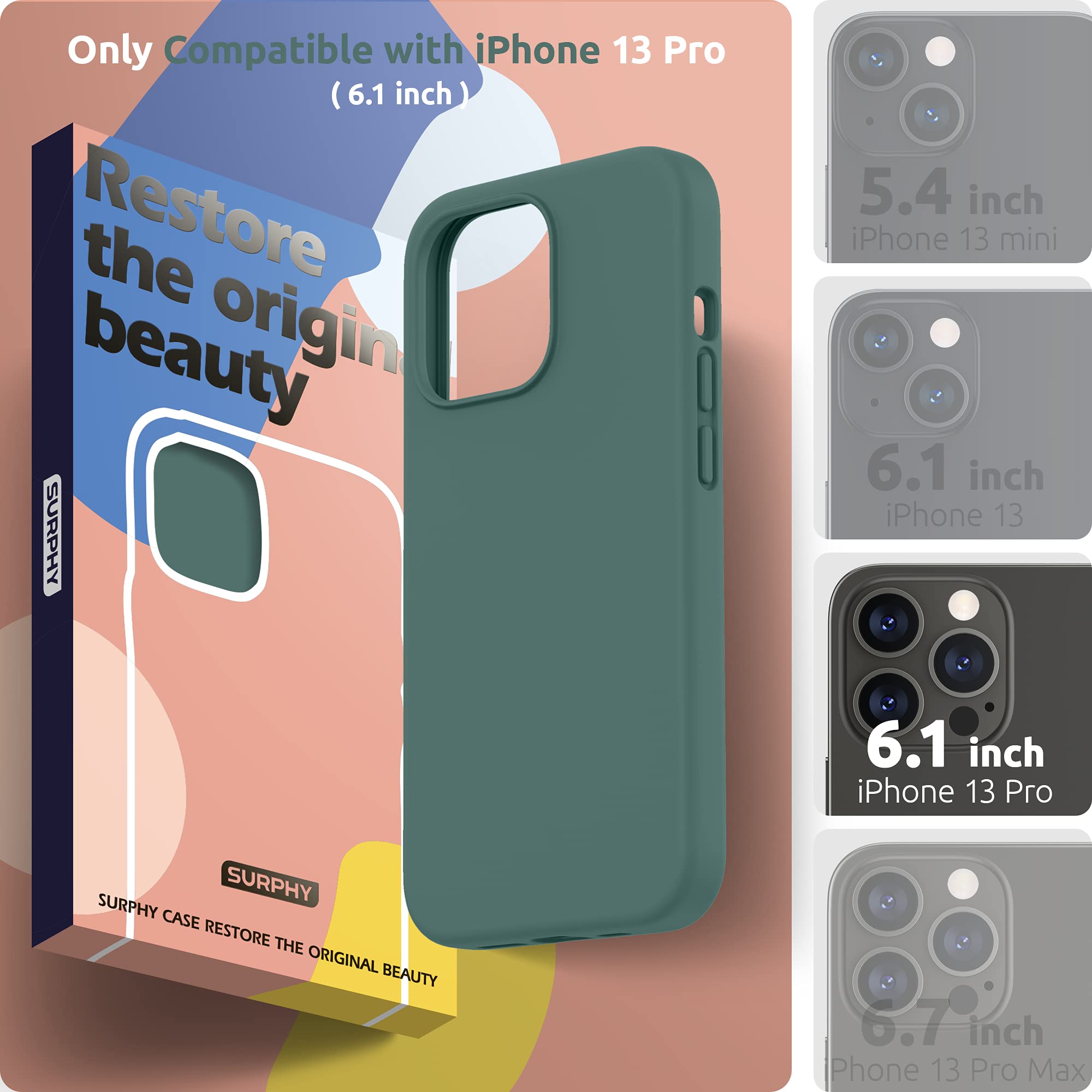 Premium SURPHY Liquid Silicone Case for iPhone 13 Pro (6.1-inch 2021) with Microfiber Lining - Shockproof Protective Phone Cover in Pine Green - Perfect for Daily Use, Travel & Outdoor Activities
