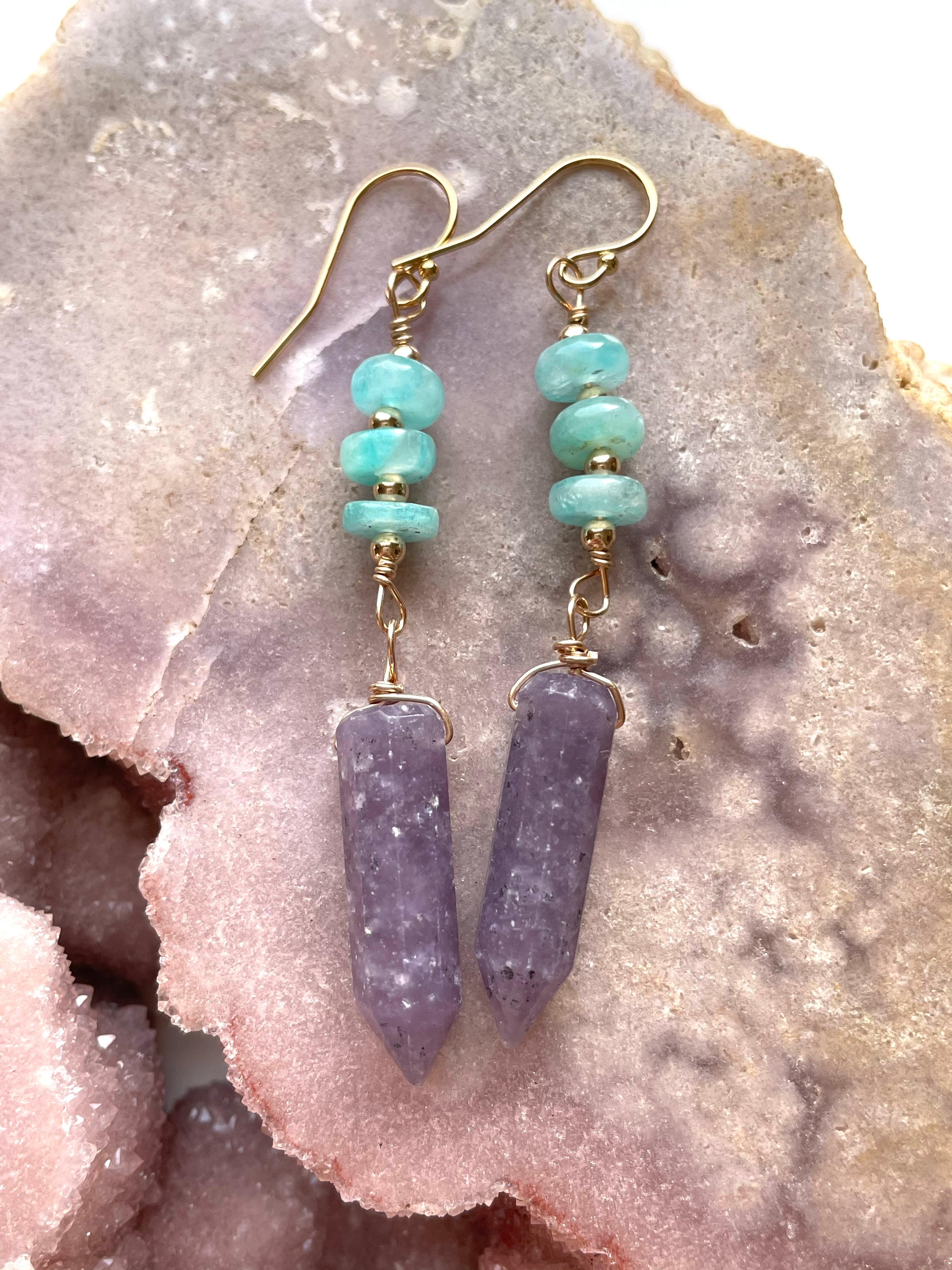 Amazonite & Lepidolite Crystal Earrings - Gold Filled Dainty Stud Earrings for Women | Healing Jewelry, Spiritual Gifts, Boho Fashion Accessories