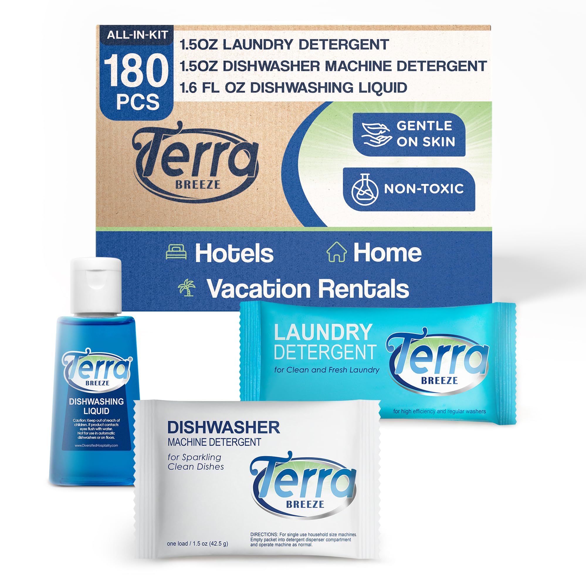 Terra Breeze Travel Laundry Detergent & Dish Soap Combo - 180-Piece Eco-Friendly Amenities Kit for Hotels, Camping & Vacation | Portable Soap Sheets for Washing Clothes & Dishes on the Go