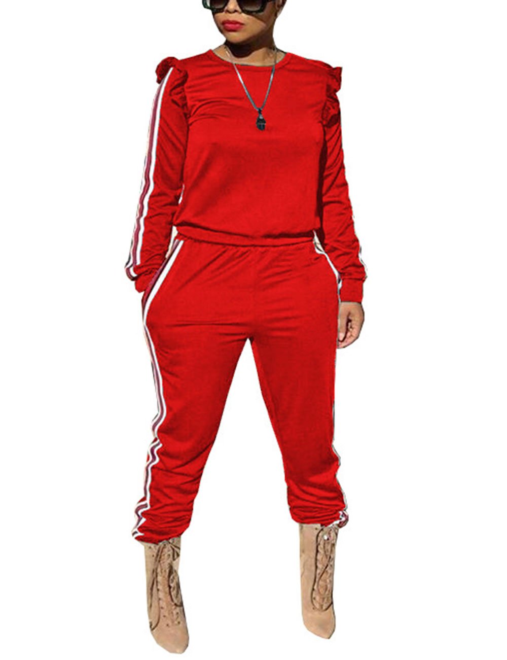 AKMIPOEM Women's 2-Piece Ruffle Sleeve Sweatshirt & Pants Tracksuit Set - Casual Loungewear for Home, Gym & Street Style