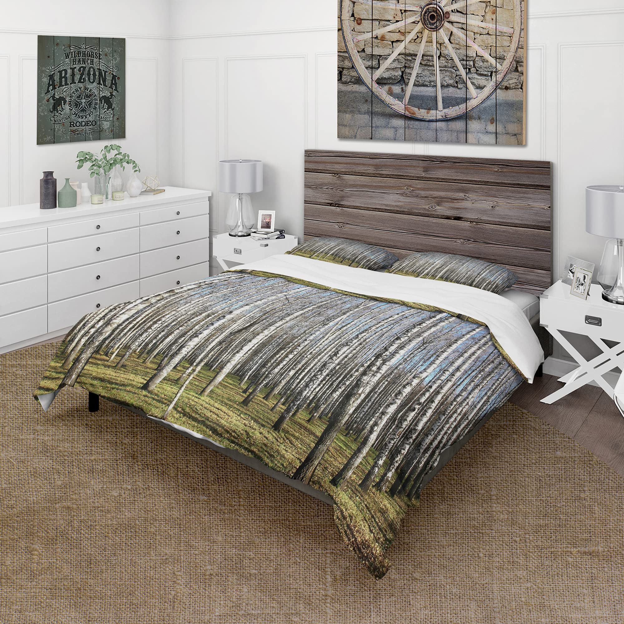 DesignQ Sunny November Day in Birch Traditional Duvet Cover Set - Queen Size White Landscape Bedding (3-Piece) | All-Season Comfort for Master Bedroom & Guest Room Decor