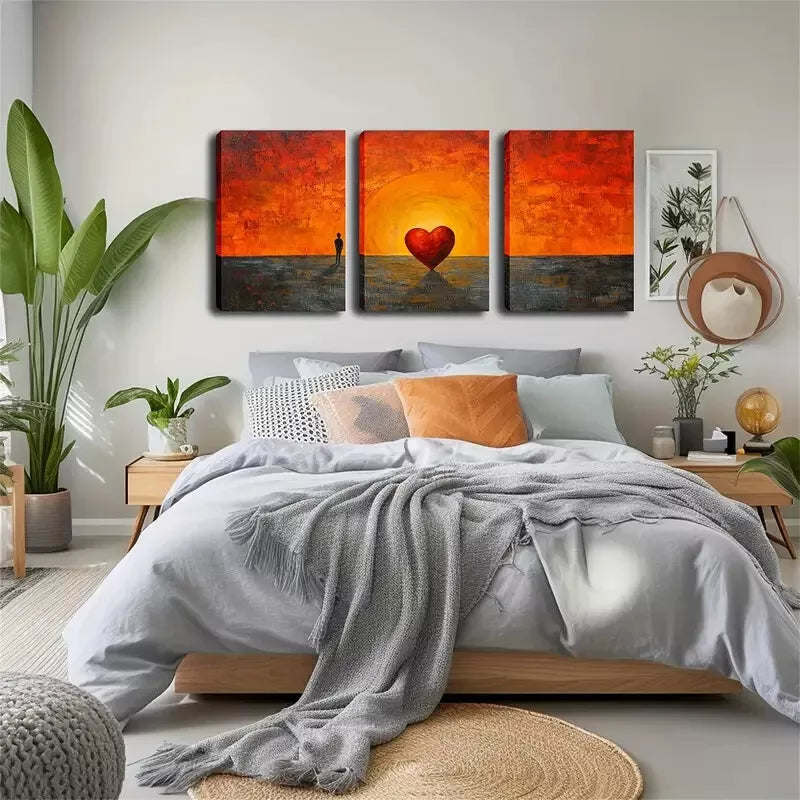 3-Piece Coastal Landscape Wall Art Set - Man & Red Heart Silhouette Canvas Prints (40x60cm) | High Quality Framed Australian-Made Wall Decor | Perfect for Living Room, Bedroom & Beach House Decor