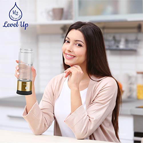 LevelUpWay 2025 Hydrogen Water Bottle Generator - SPE PEM Ionic Membrane Technology - 13oz High Borosilicate Glass Bottle (Gold) - Premium Alkaline Hydrogen Water Maker for Home, Office, Gym & Travel Hydration