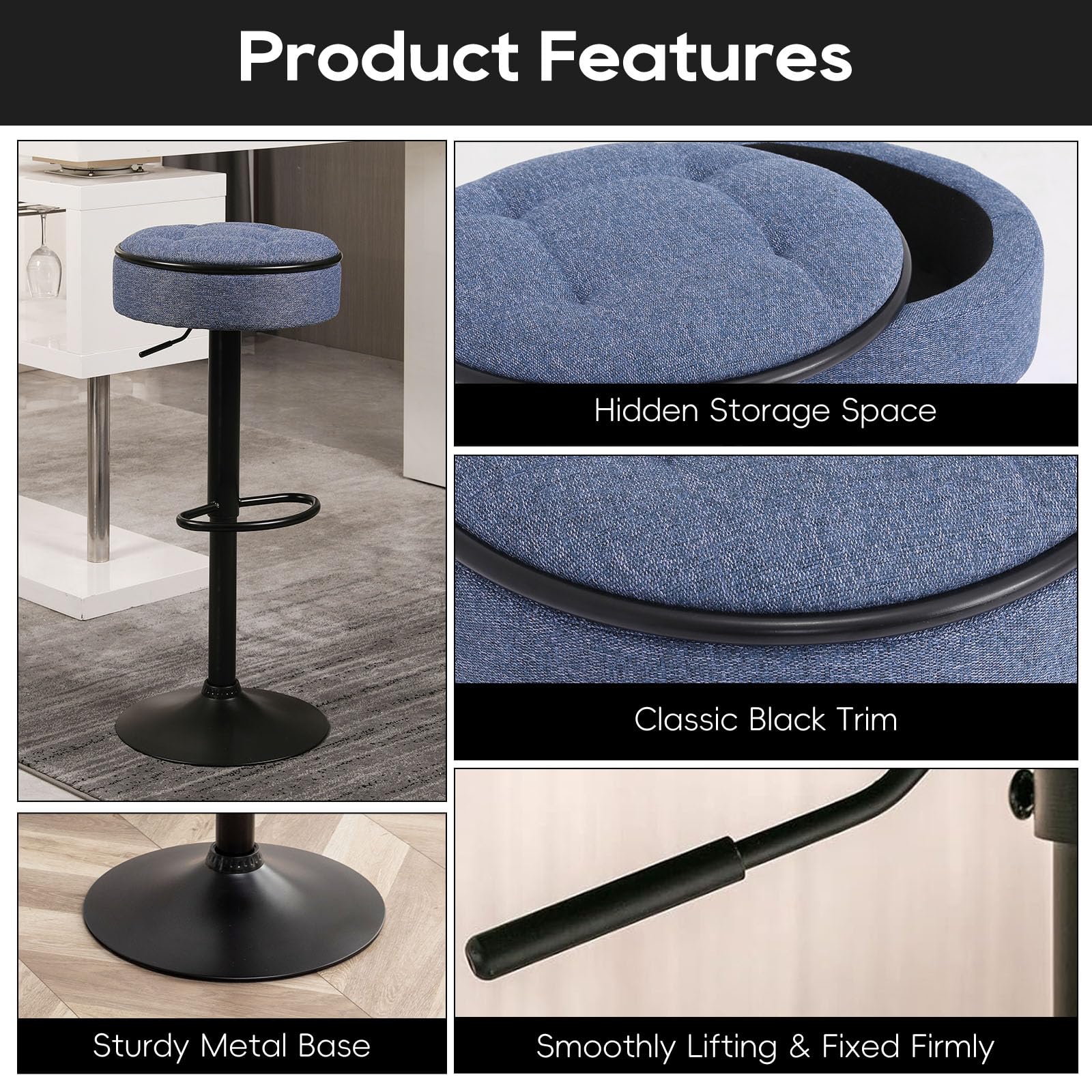 Fefances Swivel Round Airlift Bar Stool Set of 2 - Height Adjustable Armless Bar Chairs with Metal Frame for Kitchen, Dining Room, Pub & Cafe - Modern Linen Blue Stools for Home Decor & Commercial Use