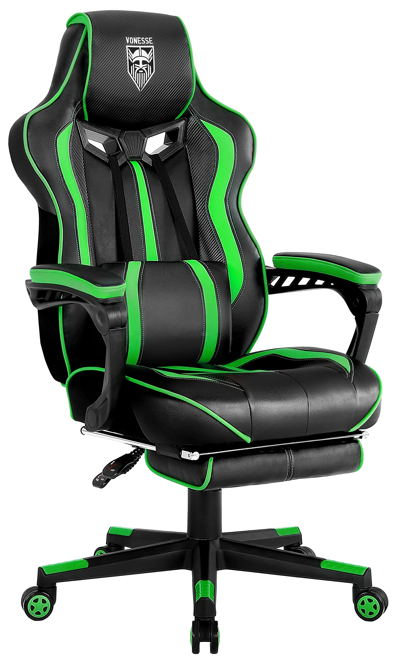 Vonesse Ergonomic Gaming Chair with Adjustable Footrest & Lumbar Massage - High Back Reclining Computer Chair for Big & Tall Adults - Green Gamer Chair for PC/Console Gaming, Home Office & Streaming Setup