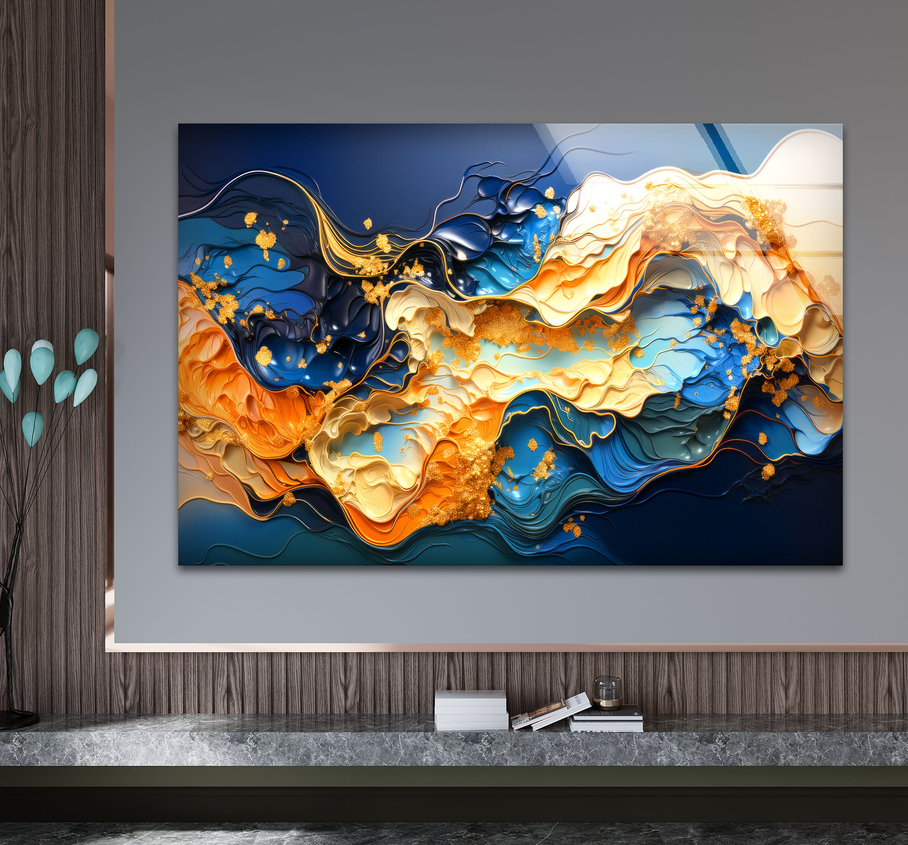 Blue Gold Abstract Wave Wall Art - Modern Fluid Glass Print for Home & Office Decor | Elegant Interior Design for Living Room, Bedroom & Office Spaces