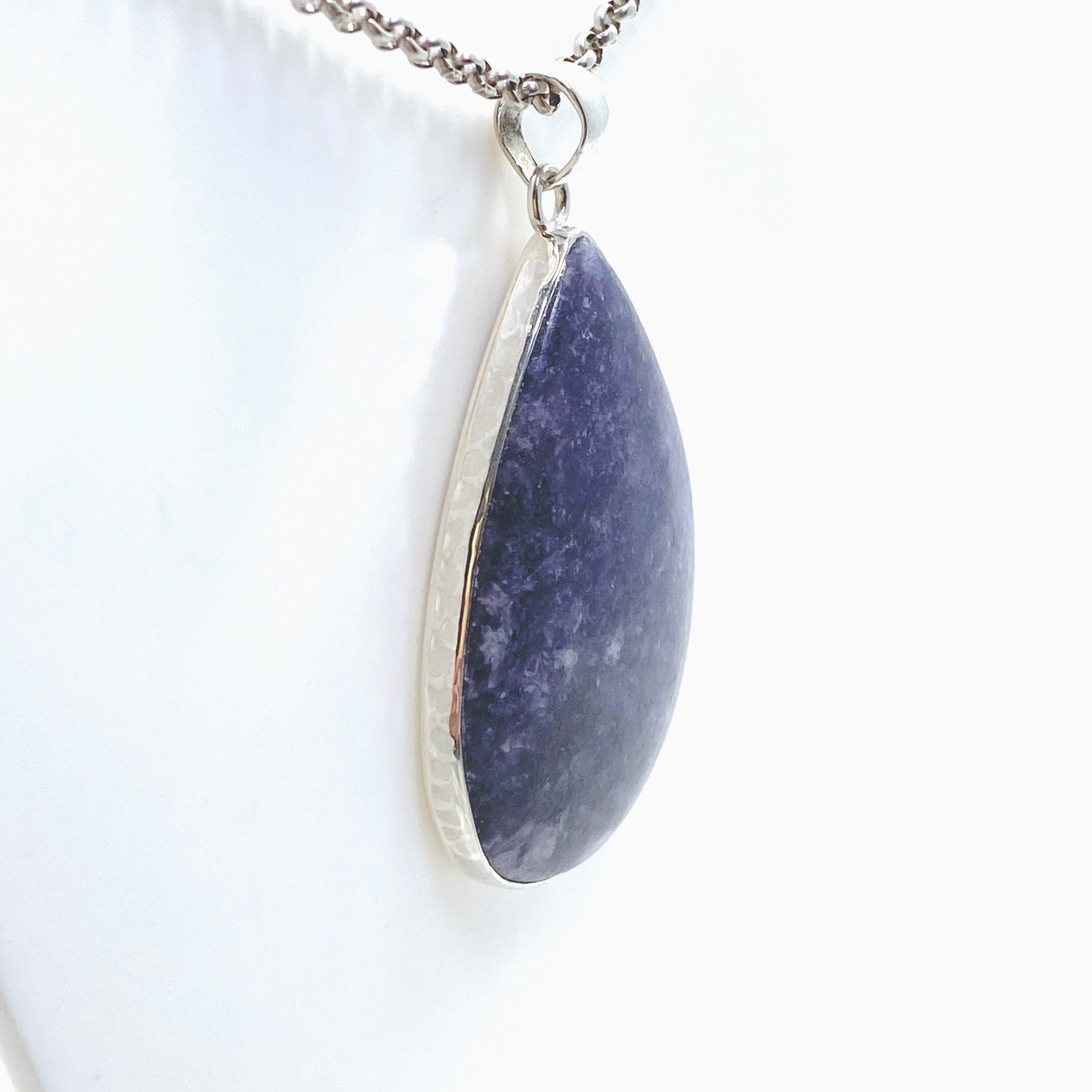 Lepidolite Teardrop Cabochon Pendant in Hammered Sterling Silver Setting KPGJ4609 - Healing Crystal Jewelry for Stress Relief & Meditation