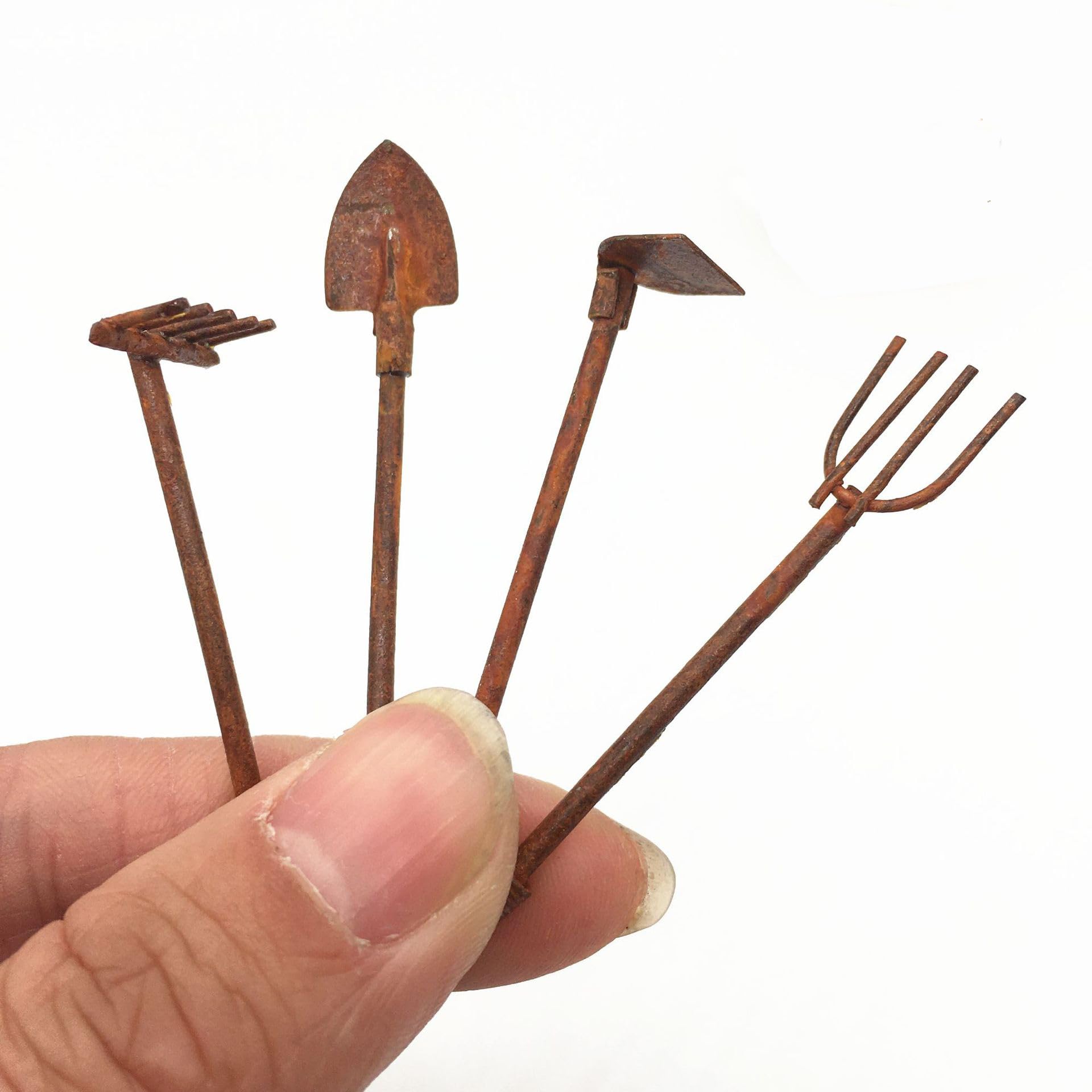 1:12 Scale Miniature Dollhouse Garden Tools Set - 4Pcs Mini Shovels, Rake & Pitchfork for Fairy Gardens, DIY Miniature Scenes & Dollhouse Accessories - Perfect for Fairy Garden Decor, Miniature Landscaping & Creative Crafts