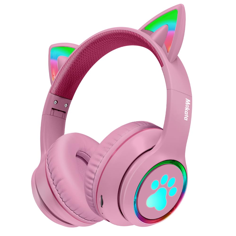 Wireless Bluetooth 5.3 Cat Ear Headphones with LED Lights - 60H Playtime, Foldable Over-Ear Gaming Headset with Mic & 3.5mm Aux - Compatible with PC, TV, Tablet, Laptop, Smartphone - Perfect for Gaming, Music, Work & Travel (Pink)