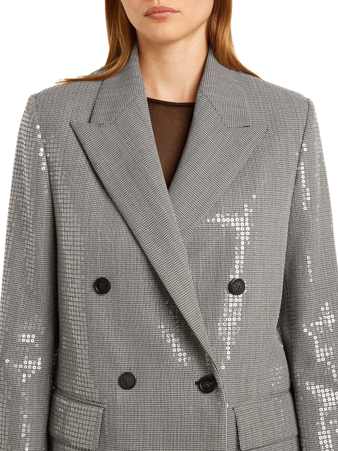 Double Breasted Jacket in Micro Pied de Poule with Sequins - Elegant Women's Blazer for Office, Party & Special Occasions