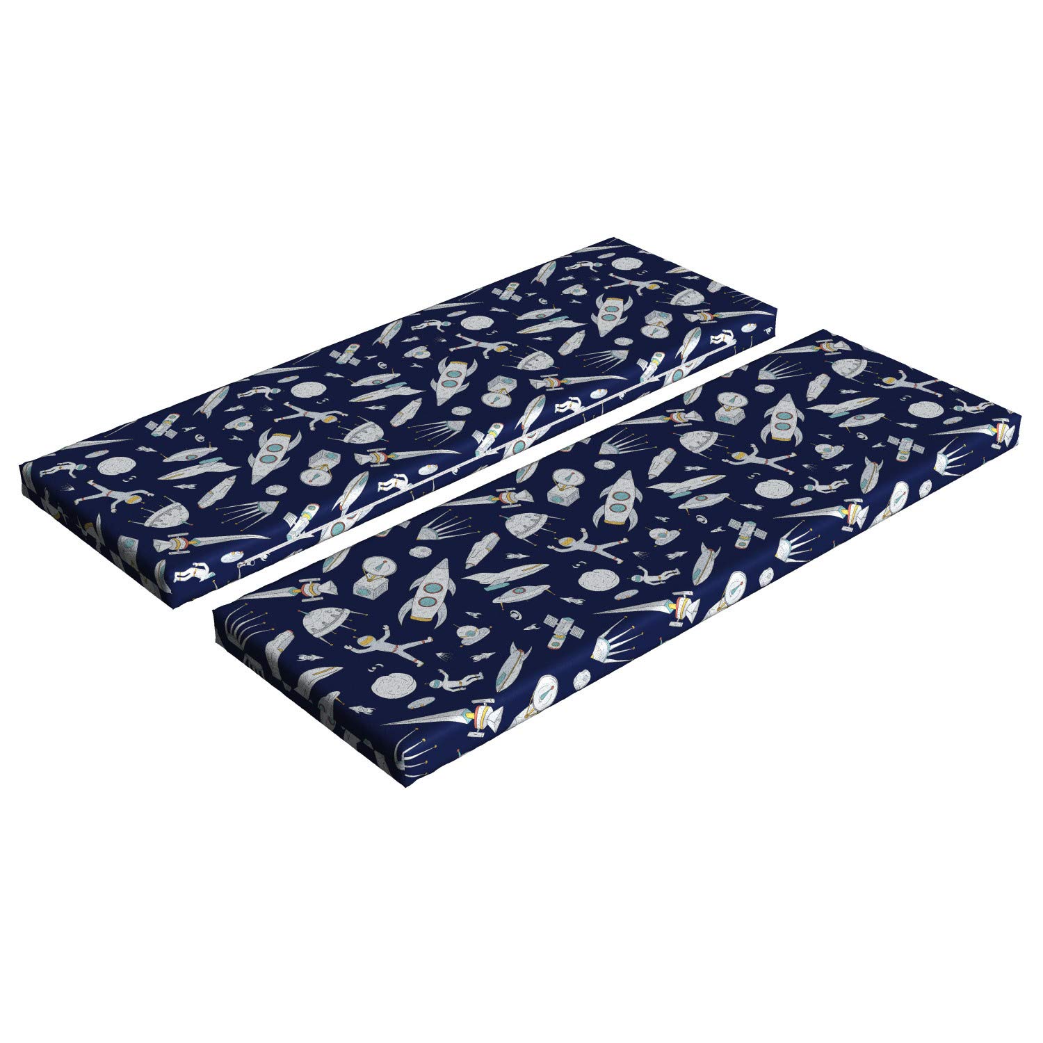 Ambesonne 2-Piece Space Theme Bench Cushion Set with Planets, Rockets & UFOs - Standard Size Foam Seat Pads with Washable Covers - Indigo & White Cosmic Adventure Decor for Living Room, Patio or Kids Room
