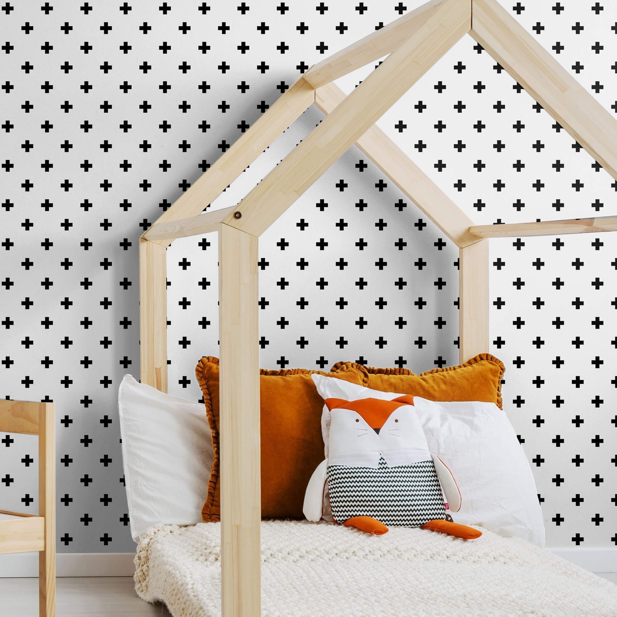 White and Black Cross Geometric Peel and Stick Removable Wallpaper - Self-Adhesive Decorative Wall Covering for Bedroom, Living Room, Office & Dorm Decor