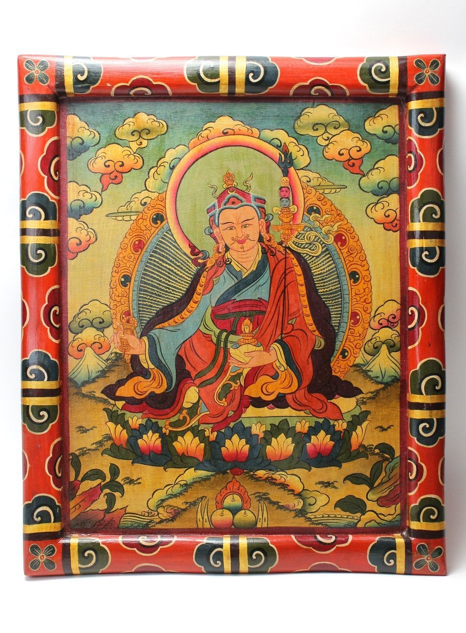 Hand-Painted Padmasambhava Thangka on Wood - Authentic Tibetan Buddhist Art for Meditation & Home Decoration