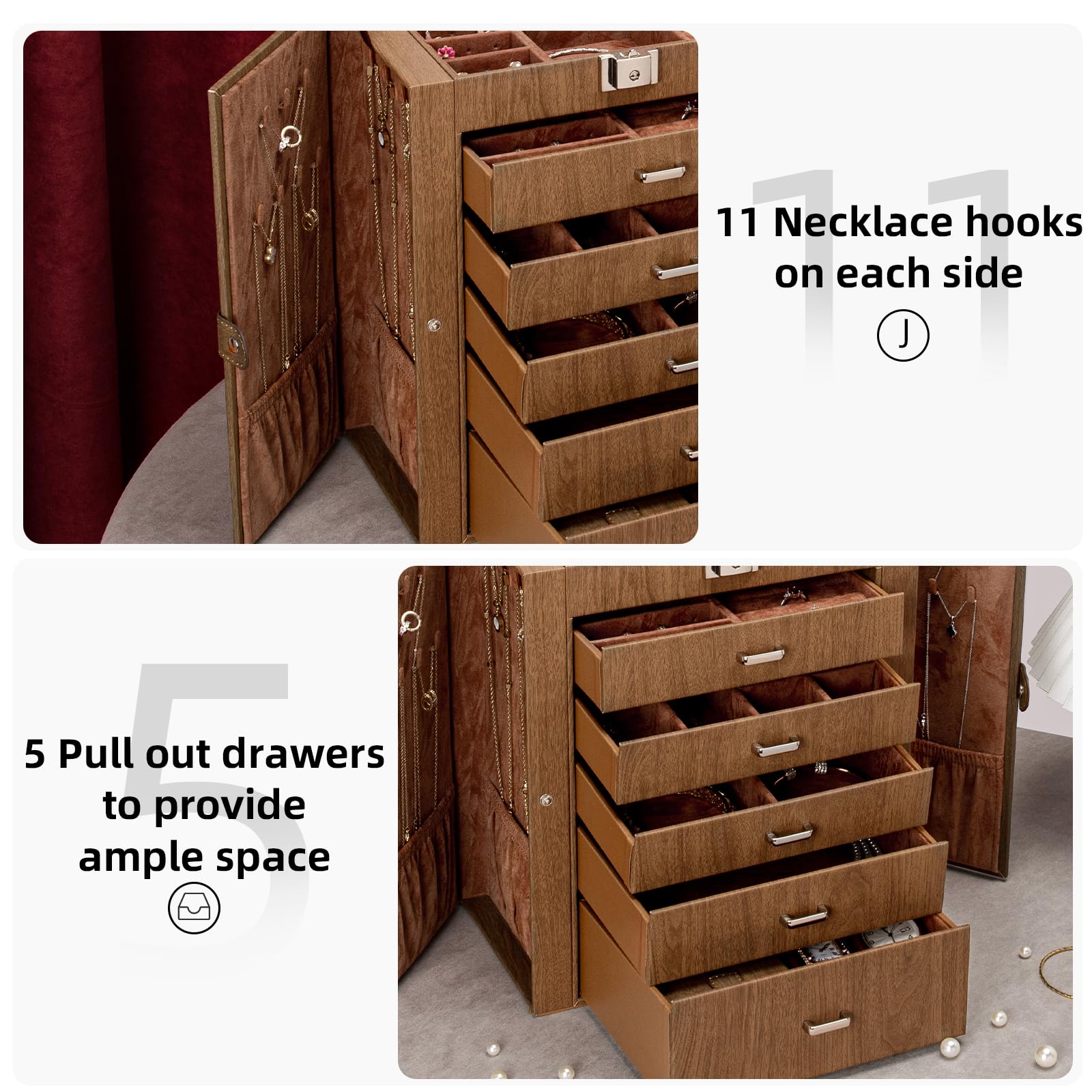 6-Tier Jewelry Organizer Box with Mirror & Lock - Perfect Gift for Women