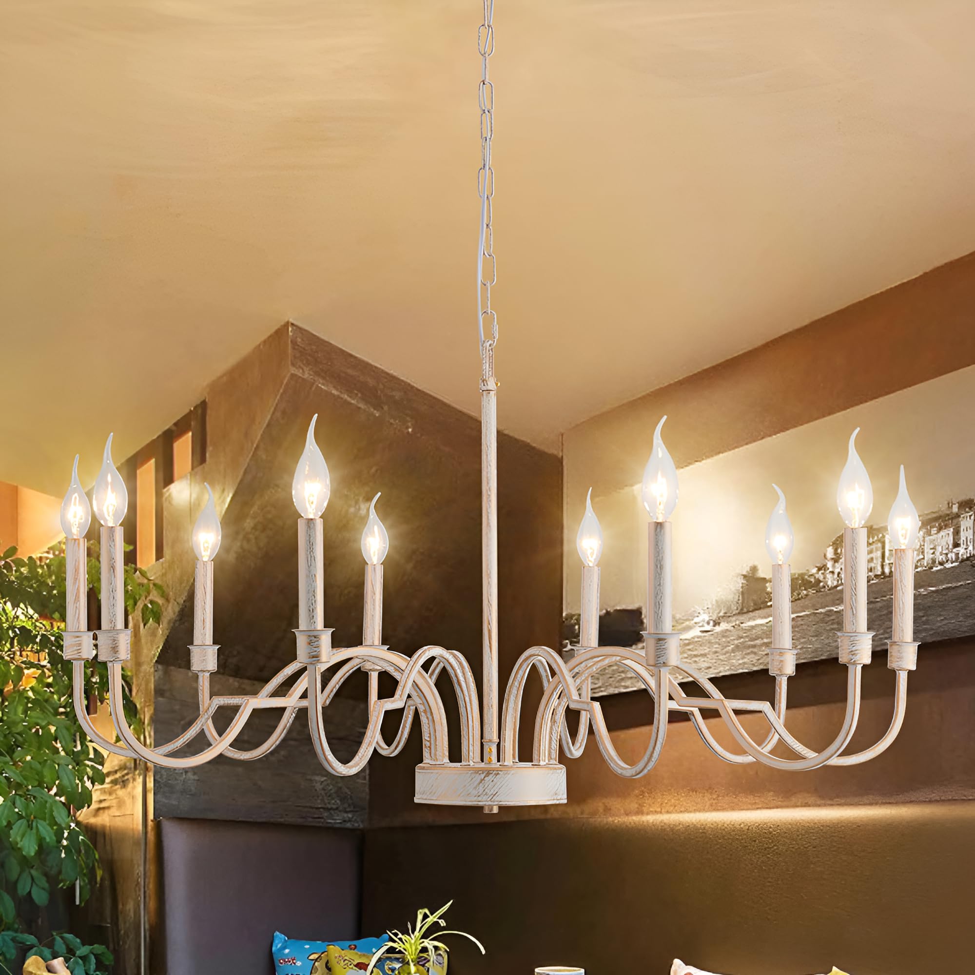 Handmade Distressed White French Country Chandelier - 10-Light Farmhouse Hanging Light for Dining Room, Living Room & Staircase - Rustic Painted High Ceiling Fixture for Vintage Home Decor (Perfect for Farmhouse, Cottage & Country Style Interiors)