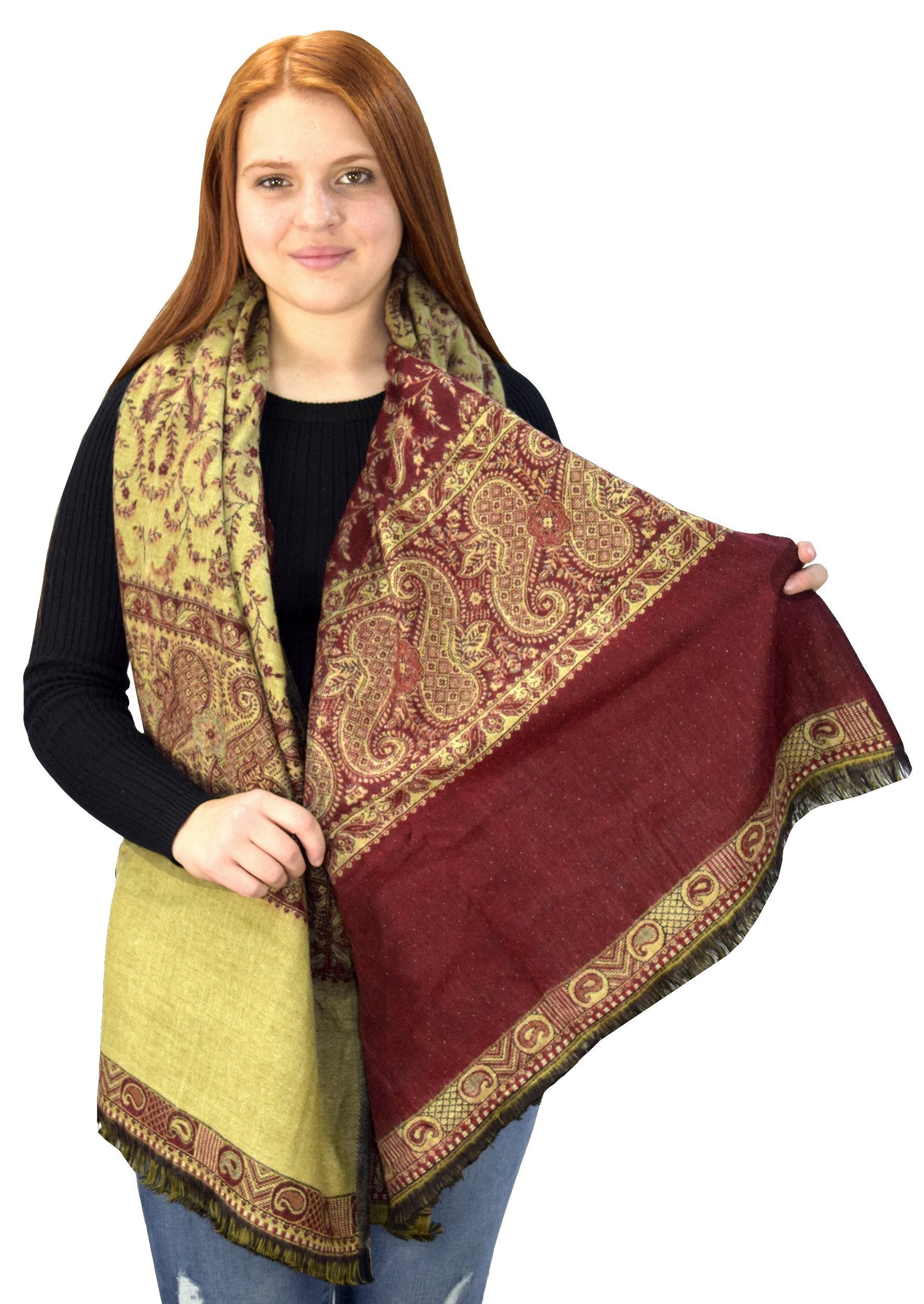 Reversible 4-Ply Thick Paisley Pashmina Scarf Wrap Shawl - Purple & Coral - Perfect for Winter Fashion, Travel & Cozy Layering