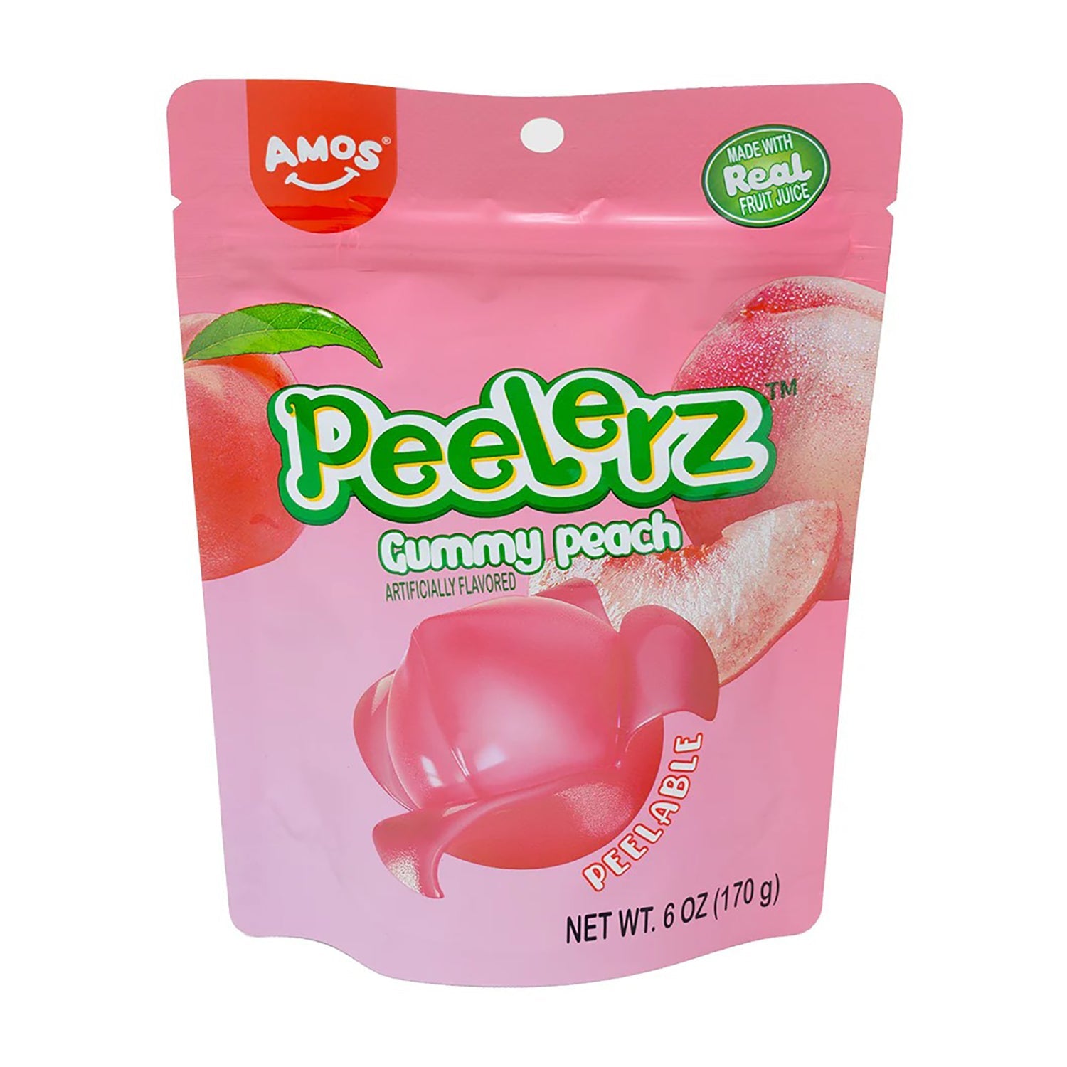 Amos Peelerz Peelable Gummy Peach Candy - 6oz Resealable Bag - Sweet & Chewy Peach Flavored Treats for Kids, Parties & Snacking