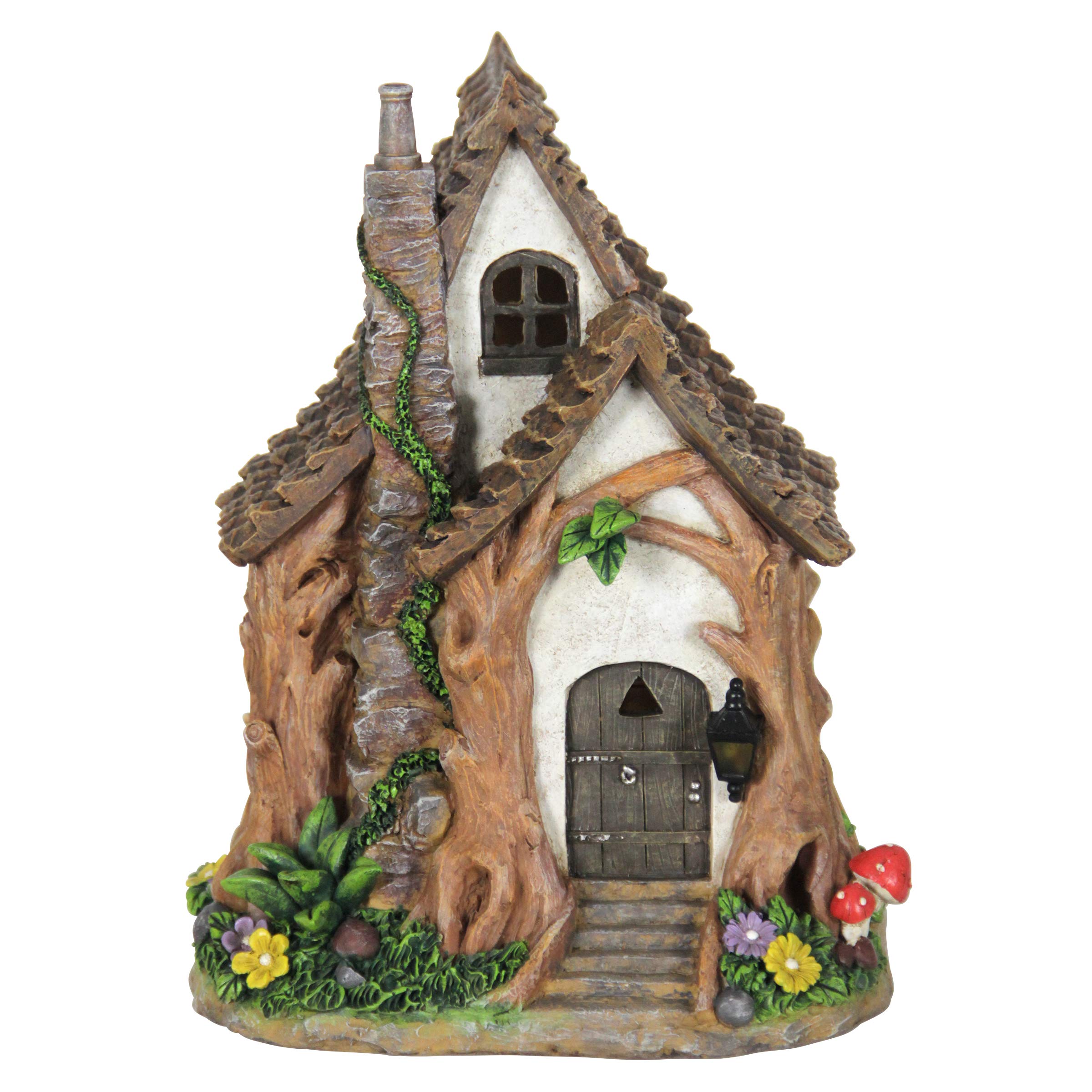 Exhart Solar-Powered Fairy Garden Sculpture - LED Illuminated Tree Trunk Fairy House, Weather-Resistant Resin Outdoor Decor for Lawn, Yard & Patio (8.5 x 9.5 x 11.5 Inch) - Perfect for Garden Pathways, Flower Beds & Magical Nighttime Displays