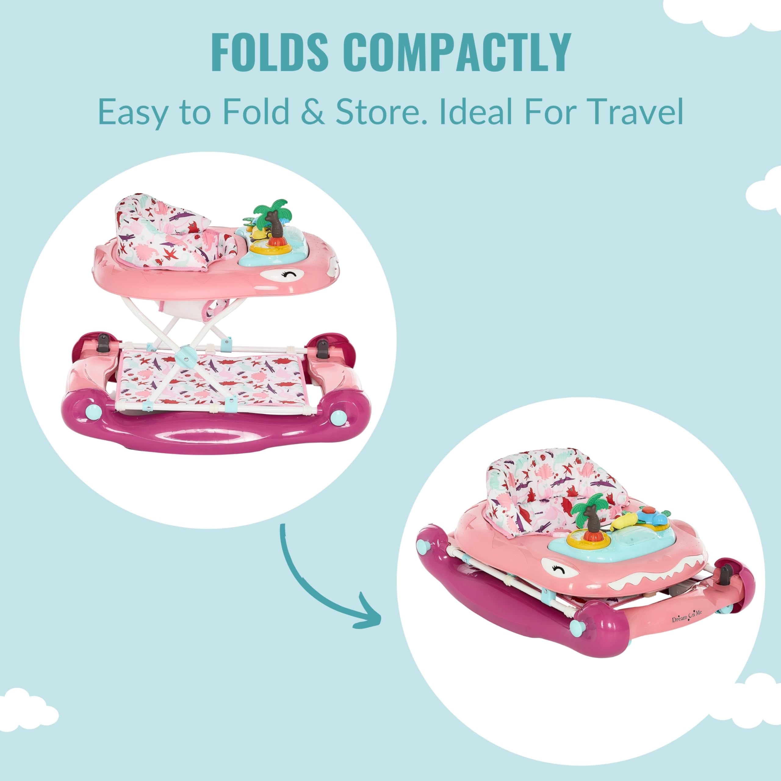 Dream On Me Baby Steps Baby Walker in Pink - Adjustable 3-Position Height, Removable Tray & Foldable Design for Easy Storage | Perfect for Learning to Walk, Indoor Play & Parent-Assisted Baby Mobility