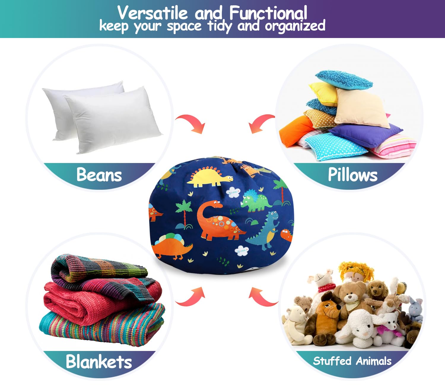 Soft Cotton Canvas Stuffed Animal Storage Bean Bag Chair with Zipper - No Filler Toy Organizer for Kids | Perfect for Playroom, Bedroom & Nursery Organization