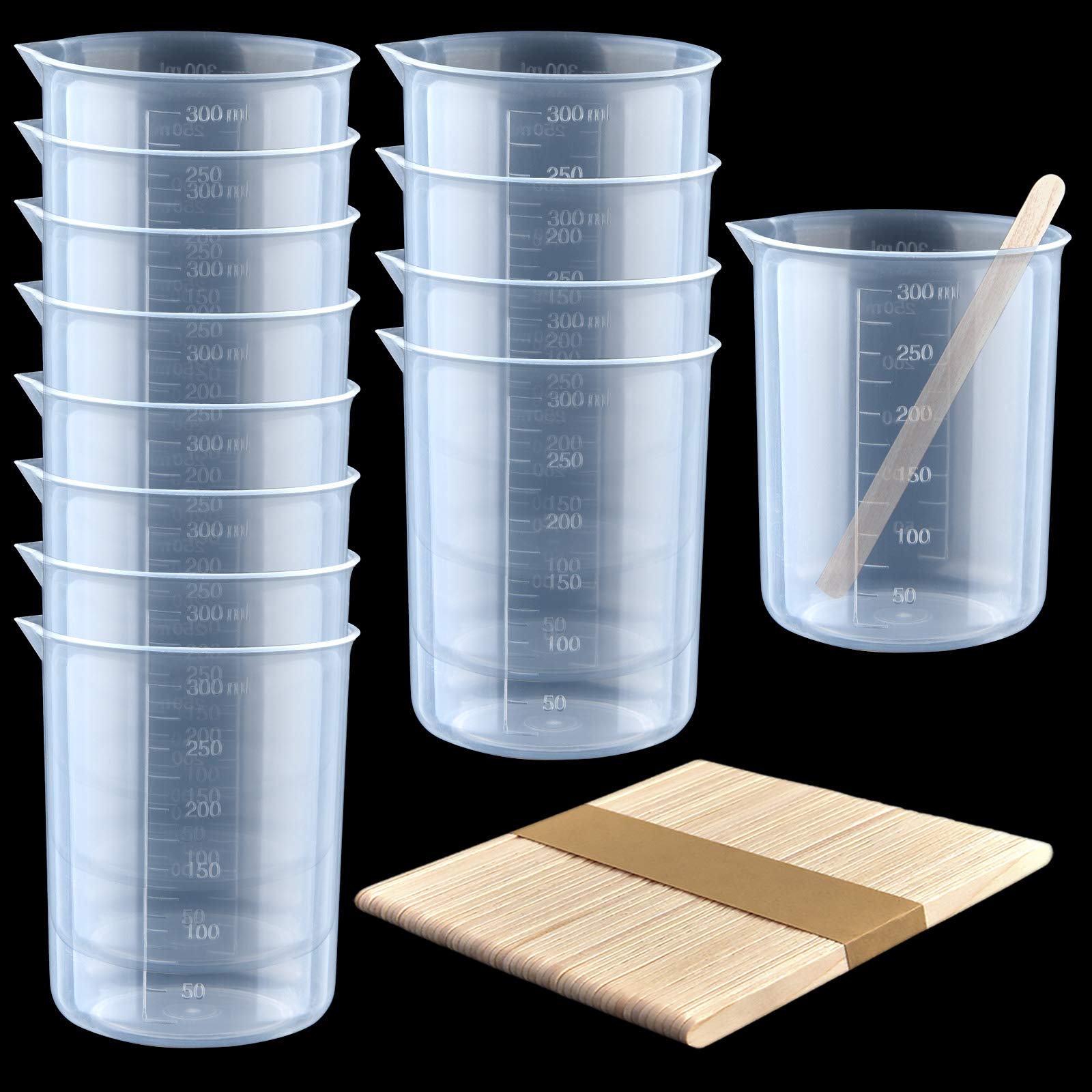 Coopay 12-Pack 300ml/10.1oz Clear Plastic Beakers - Epoxy Resin Mixing Cups with Measurement Marks & 50 Wooden Stir Sticks - Ideal for DIY Crafts, Paint Mixing, Science Experiments & Lab Use
