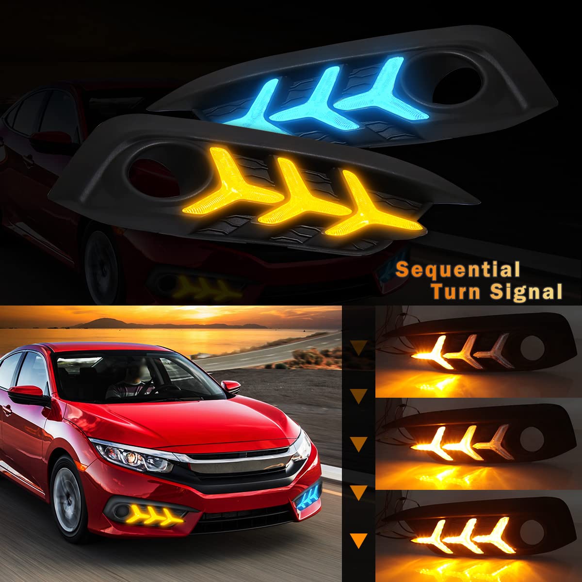 2016-2018 Honda Civic 10th Gen Sedan LED Daytime Running Lights with Amber Turn Signal - 3 Color DRL Fog Lights (Fish Bone Style) | Upgrade Your Ride for Enhanced Visibility & Style | Perfect for Night Driving & Custom Car Mods